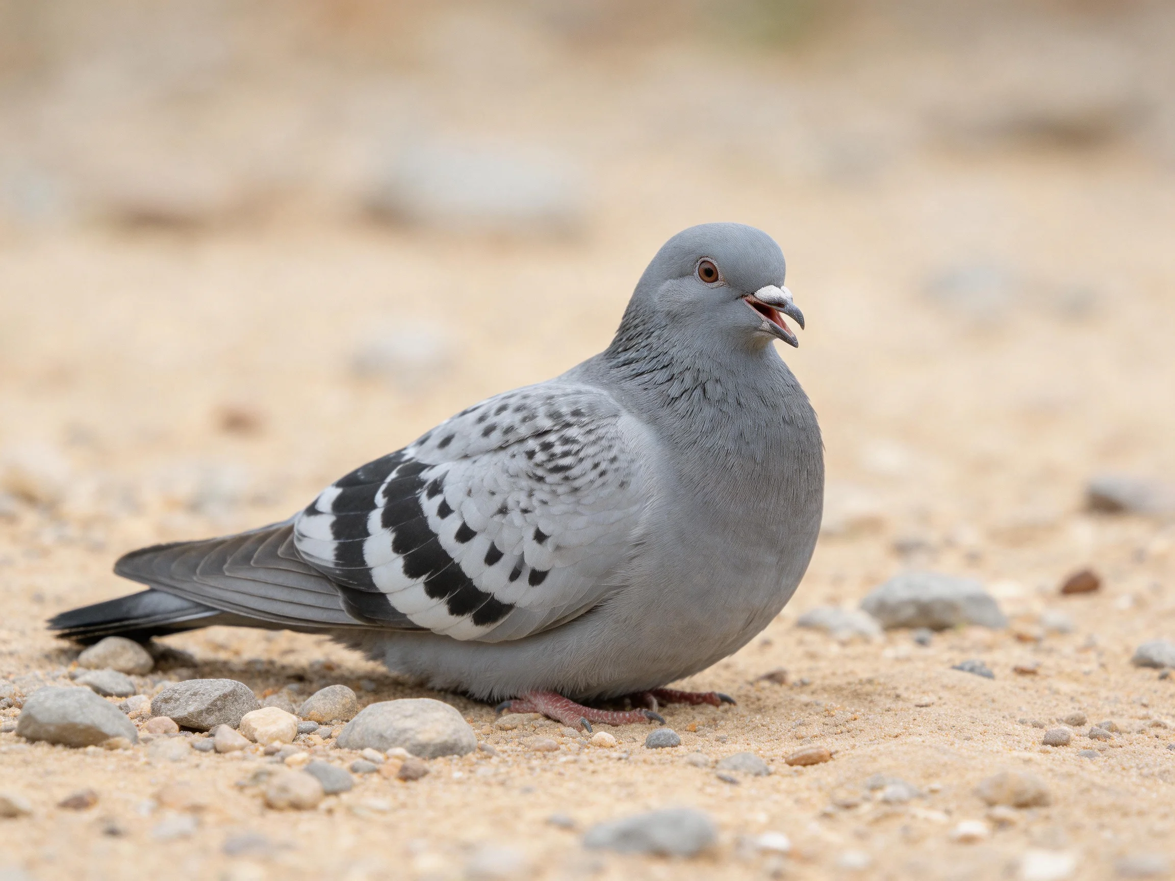 Gray-spotted pigeon resting on pebbly sandy ground