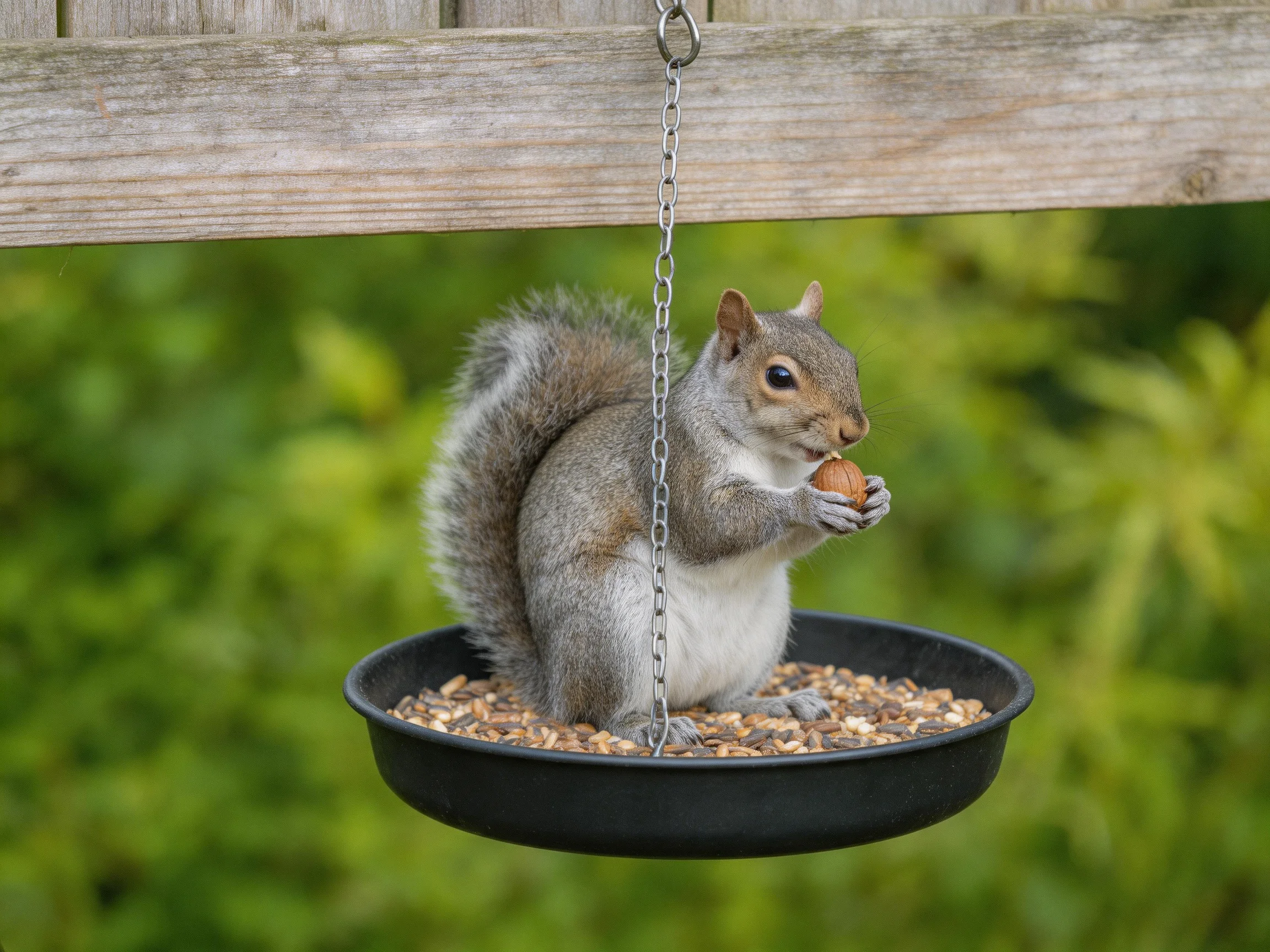 Gray squirrel eating nut from black hanging feeder