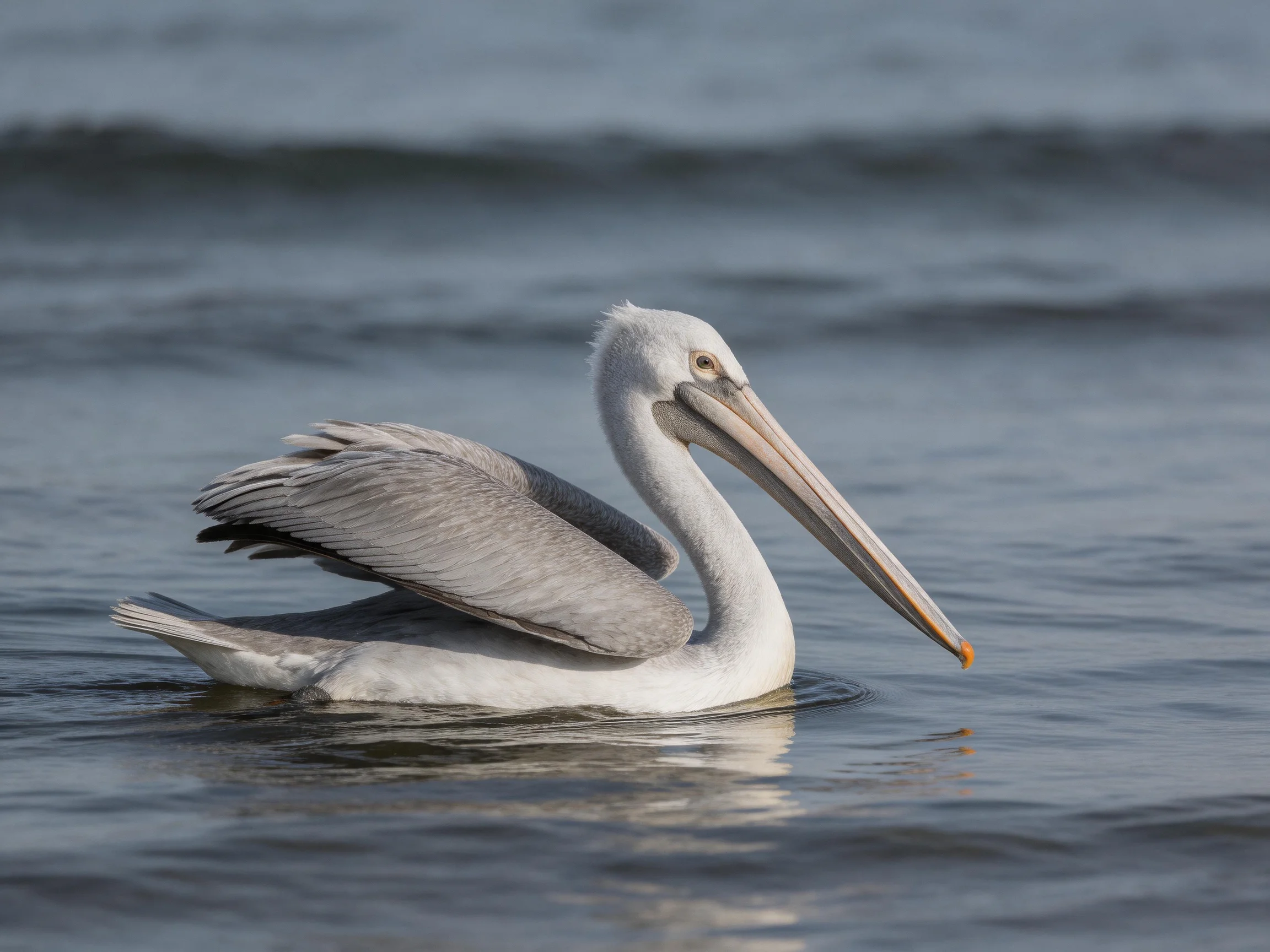Gray-winged pelican gliding in calm blue waters