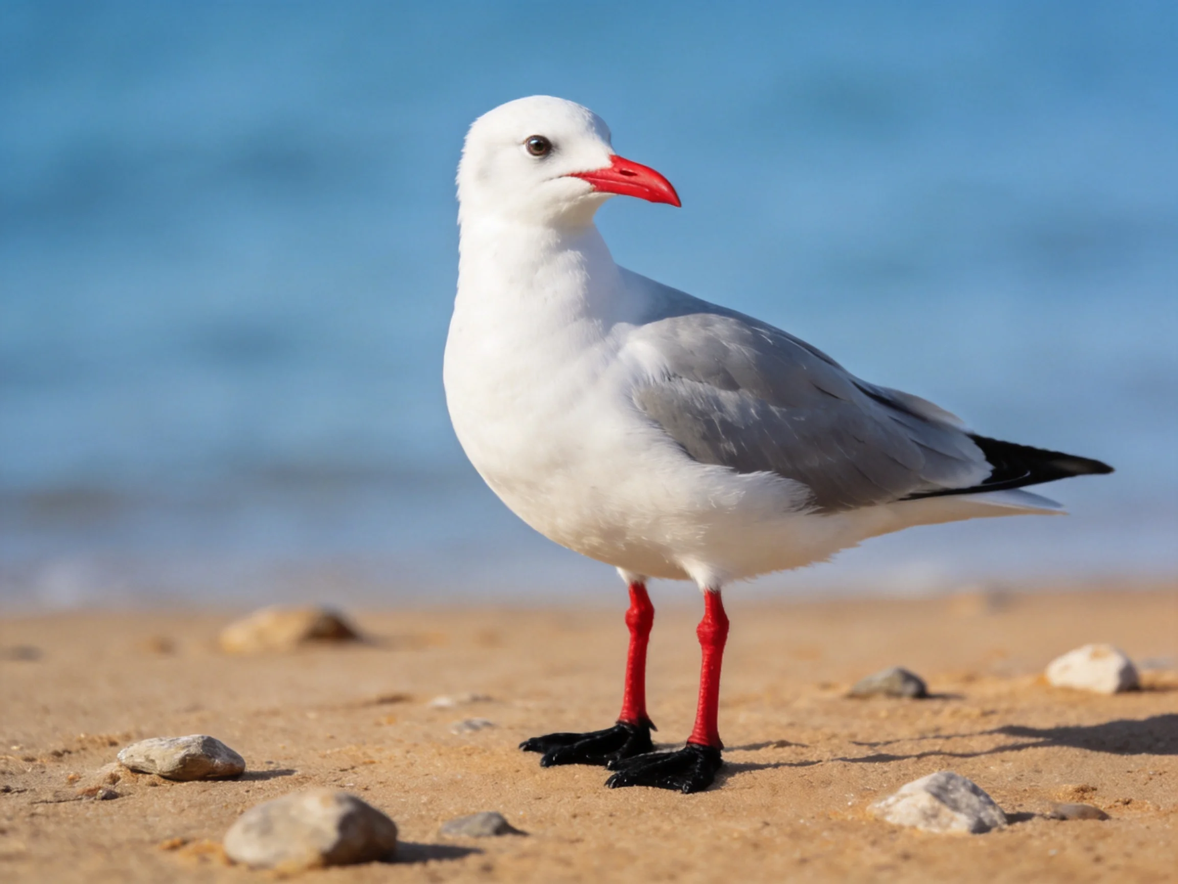 Gray-winged seagull with red legs on sandy shore