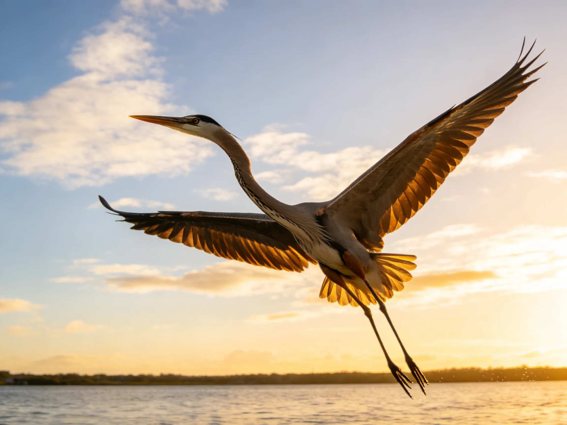 Great Blue Heron Soaring Over Water at Sunset