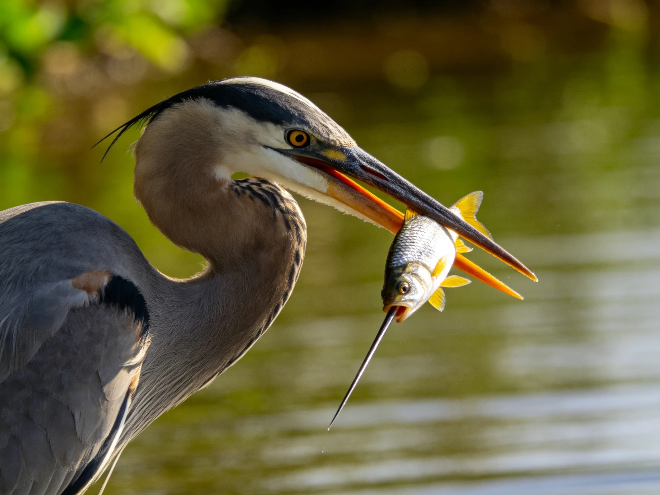 Great blue heron grasping a silver fish by tranquil water