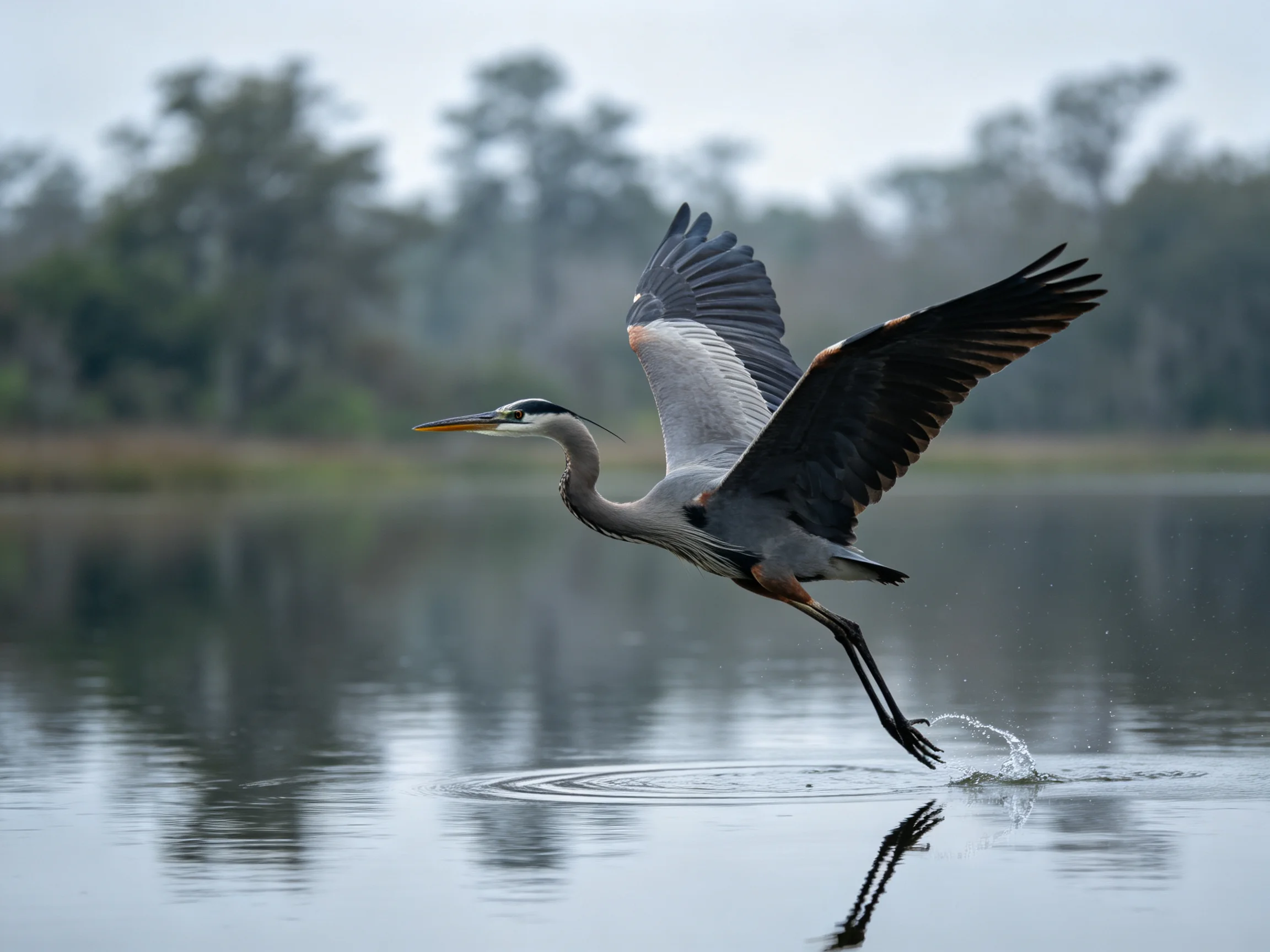 Great blue heron soaring above calm water with extended wings