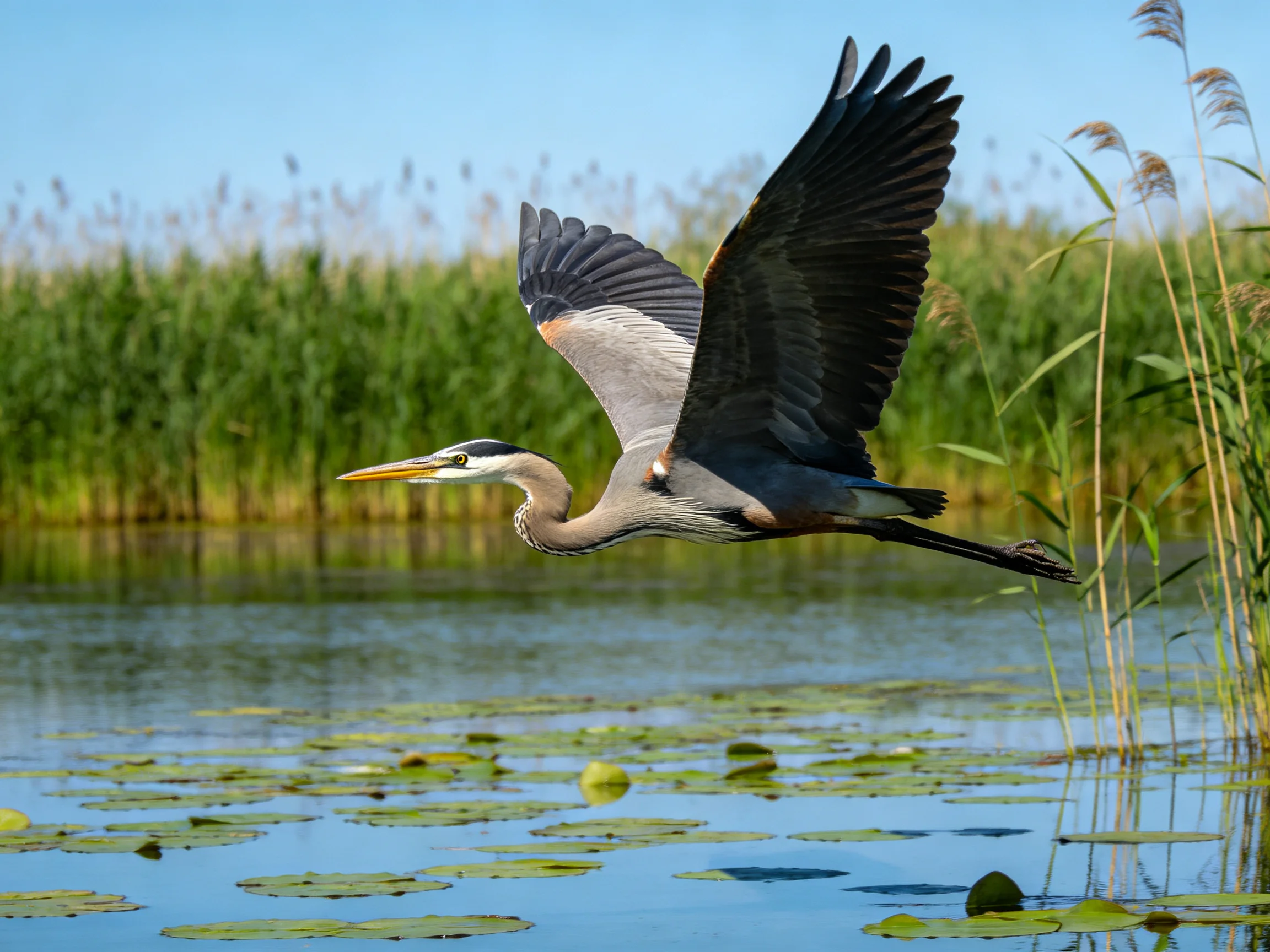 Great blue heron soaring over a lush wetland with tall reeds