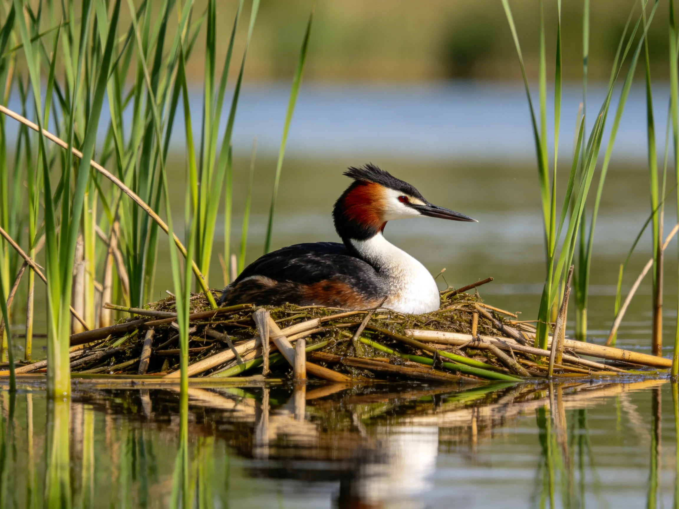 Great crested grebe resting on reed nest amid tall green reeds