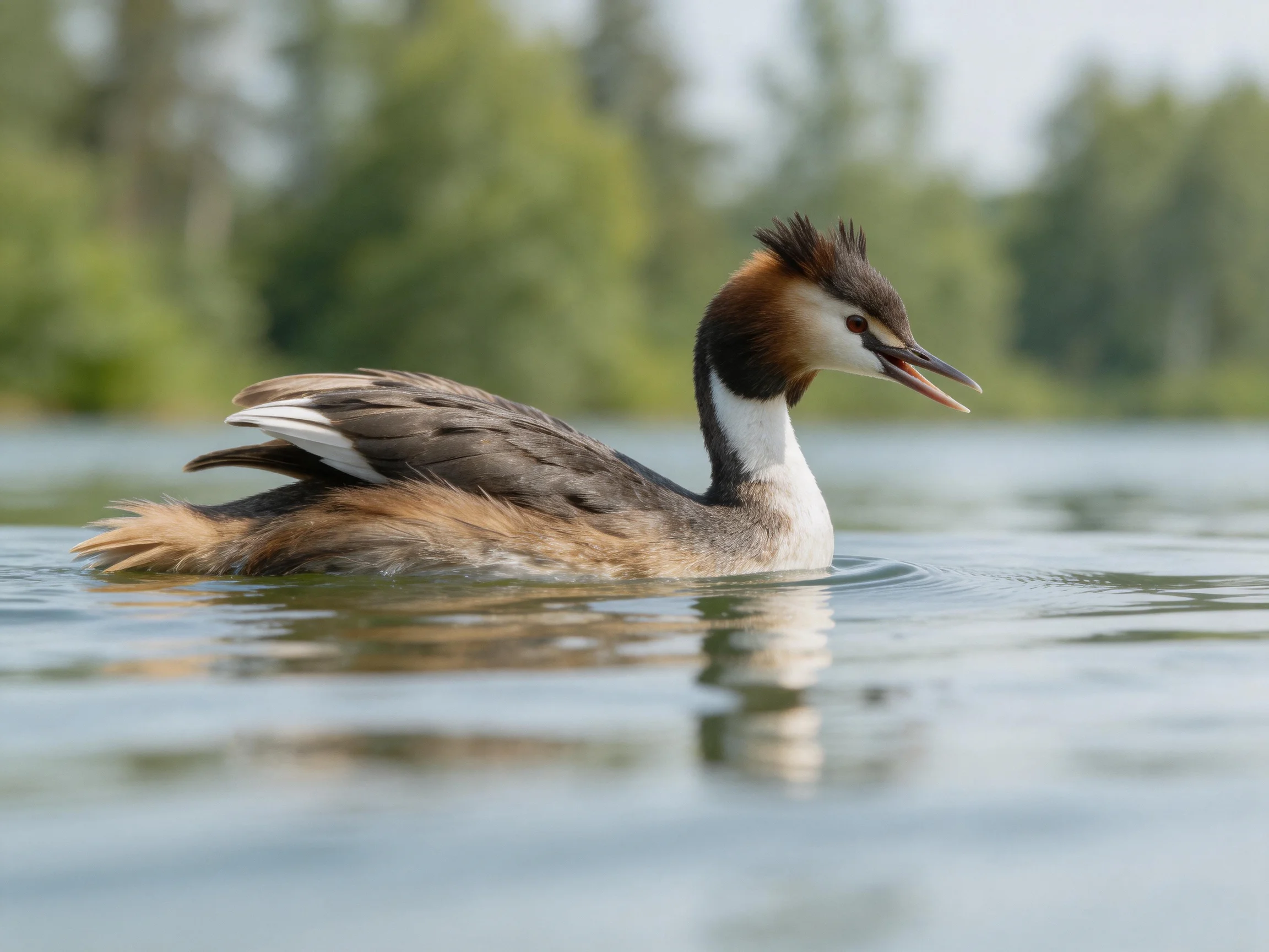 Great crested grebe swimming in calm blue water
