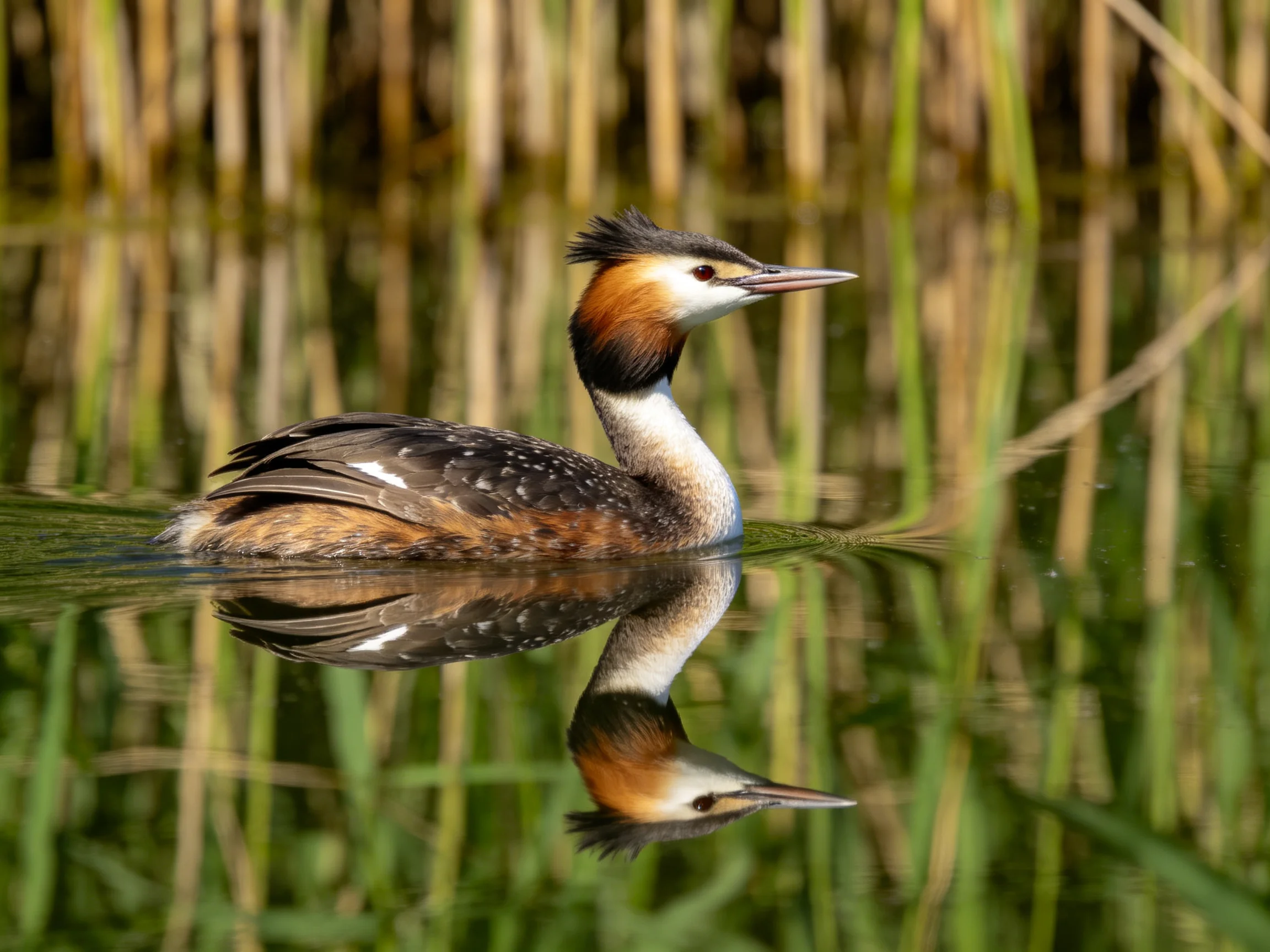 Great crested grebe swimming in calm water with tall reeds