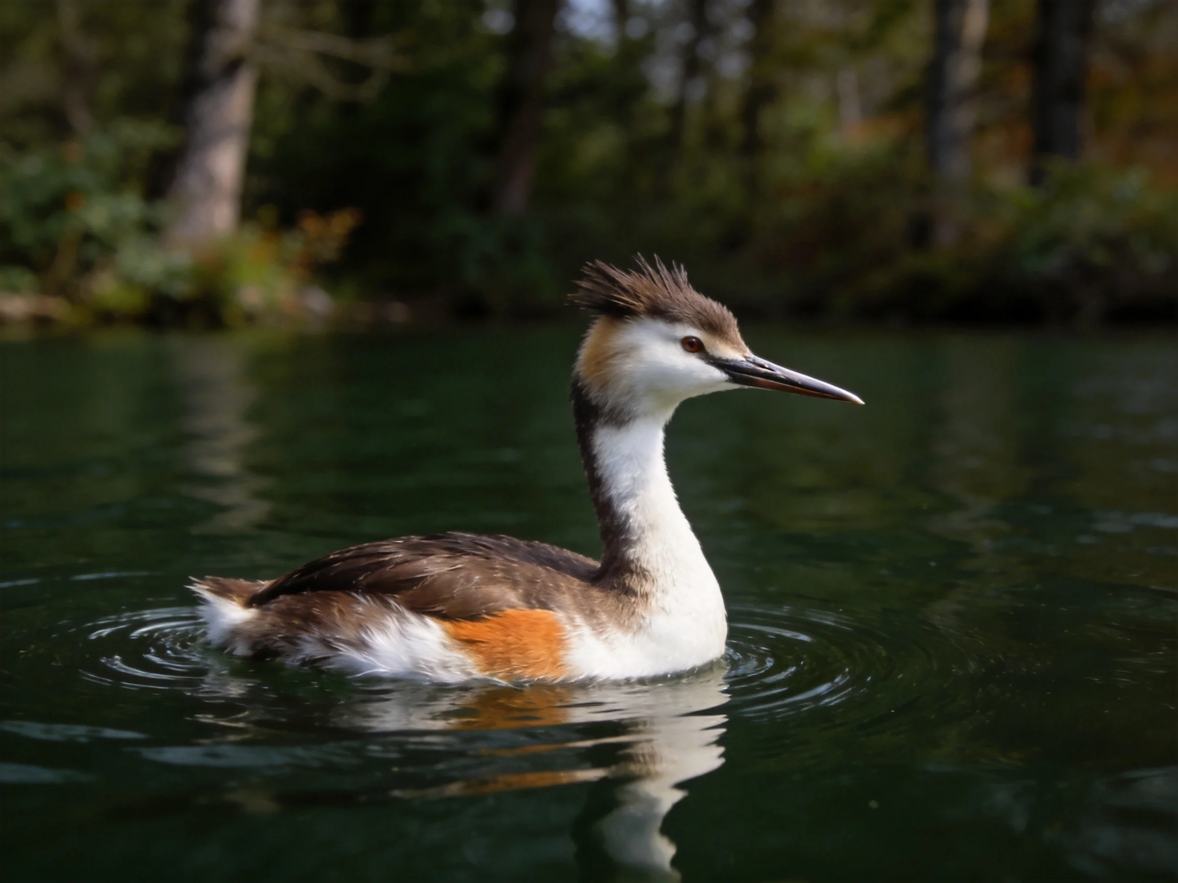 Great crested grebe swimming in forest pond with brown, white plumage