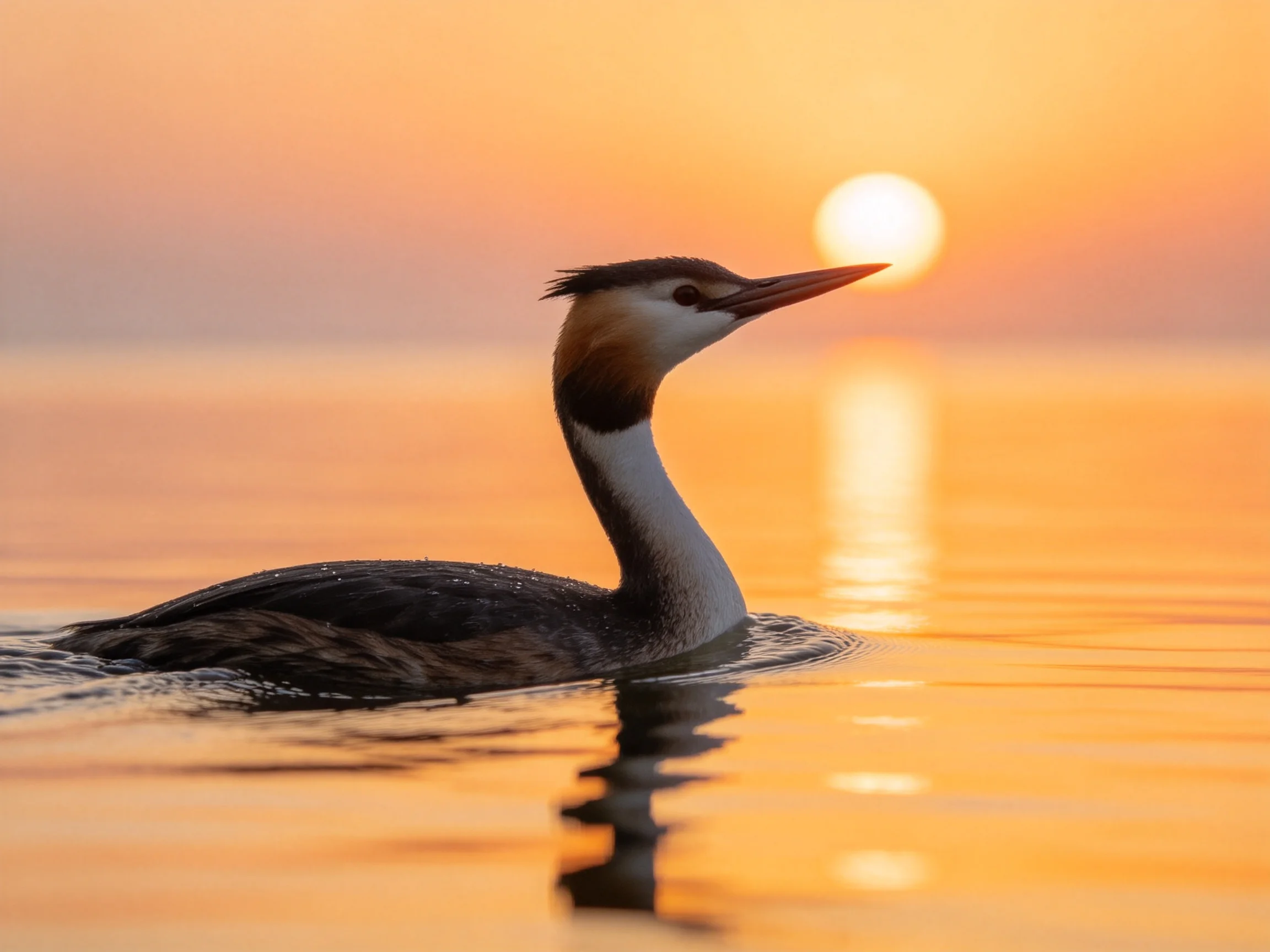 Great crested grebe swimming in golden-hued water near a glowing sunset.