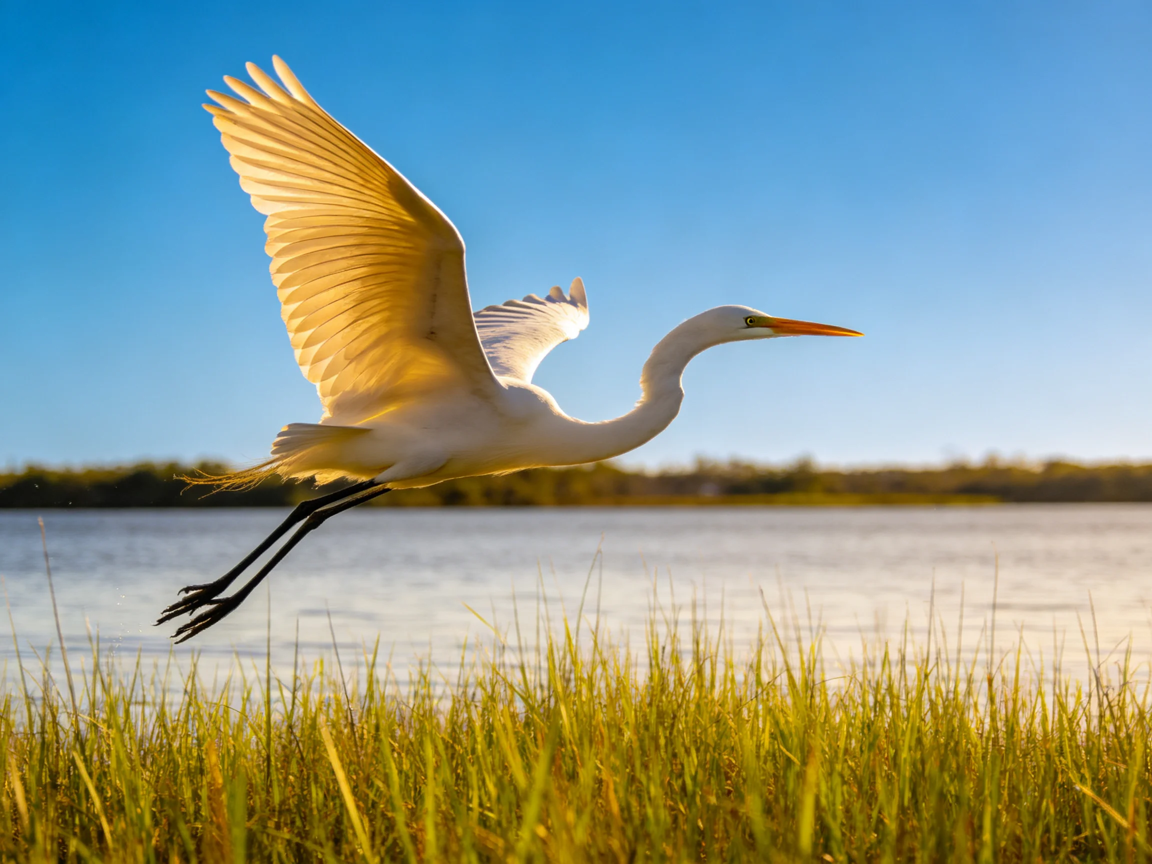 Great egret flies over tall green reeds by calm water