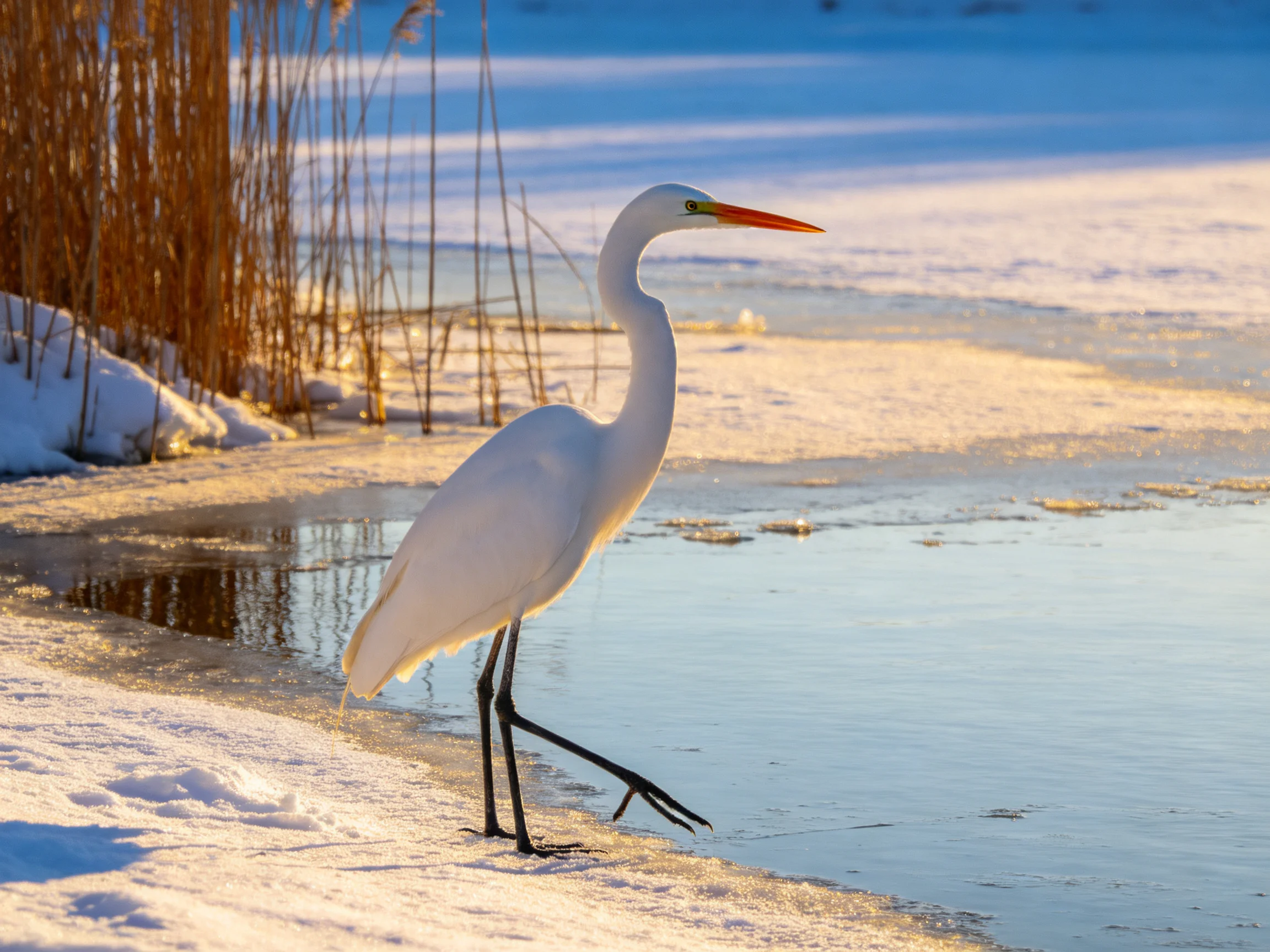 Great egret on snowy, icy lakeshore with tall reeds
