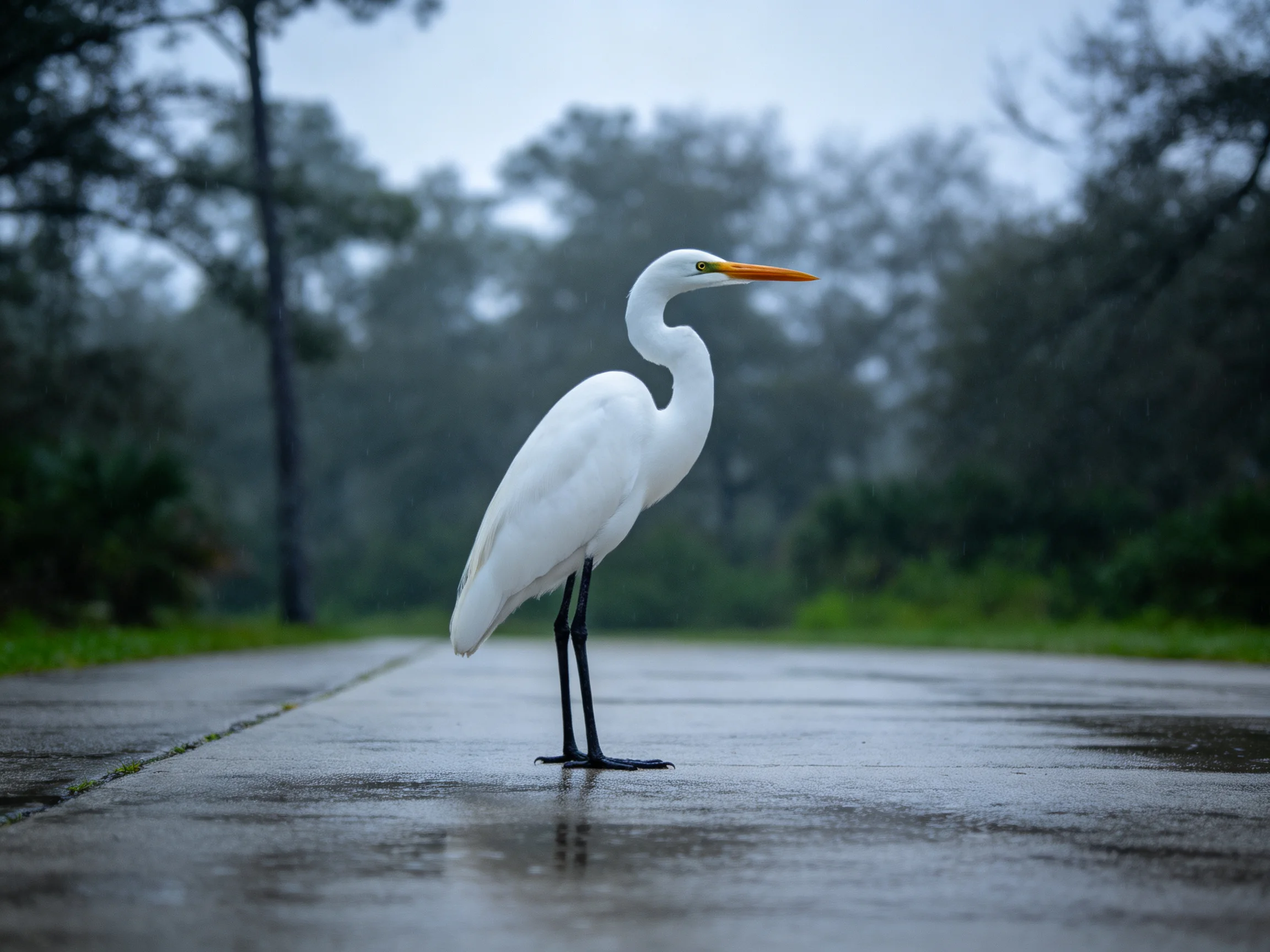 Great egret on wet concrete path with misty trees