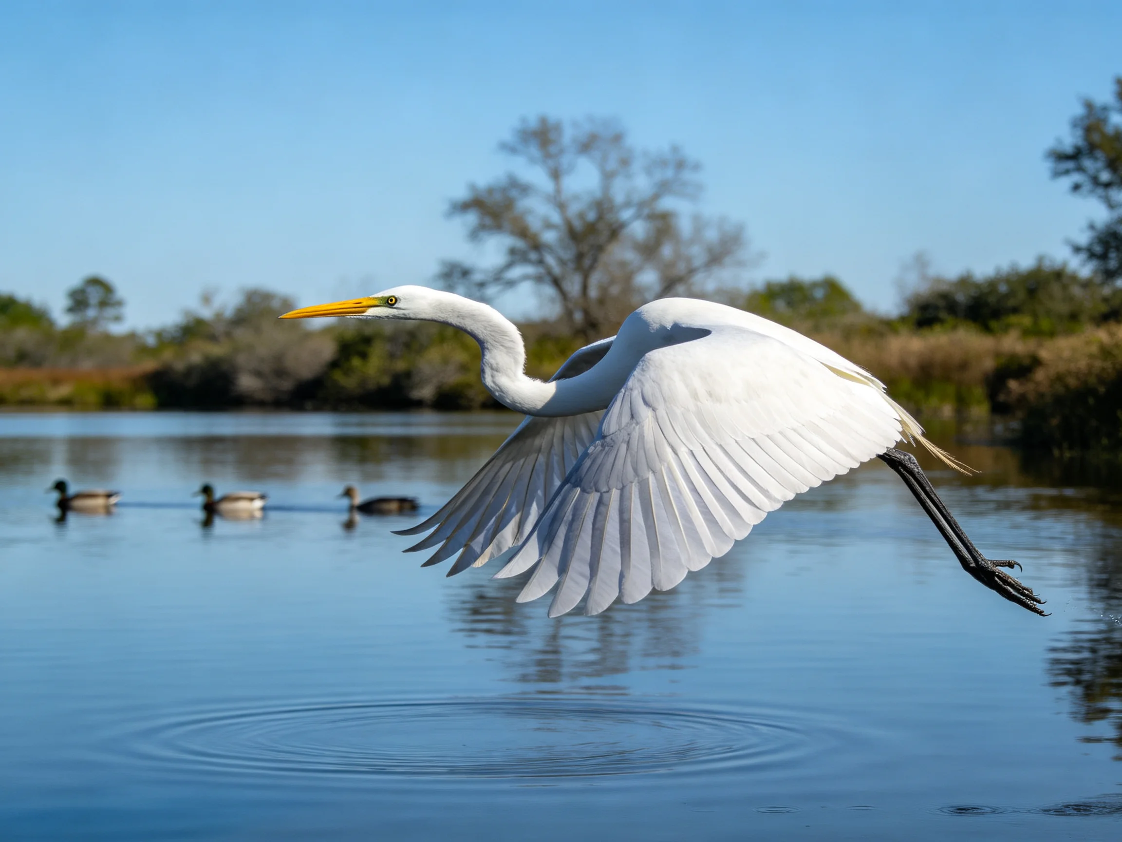 Great egret soars over calm water with ducks swimming nearby