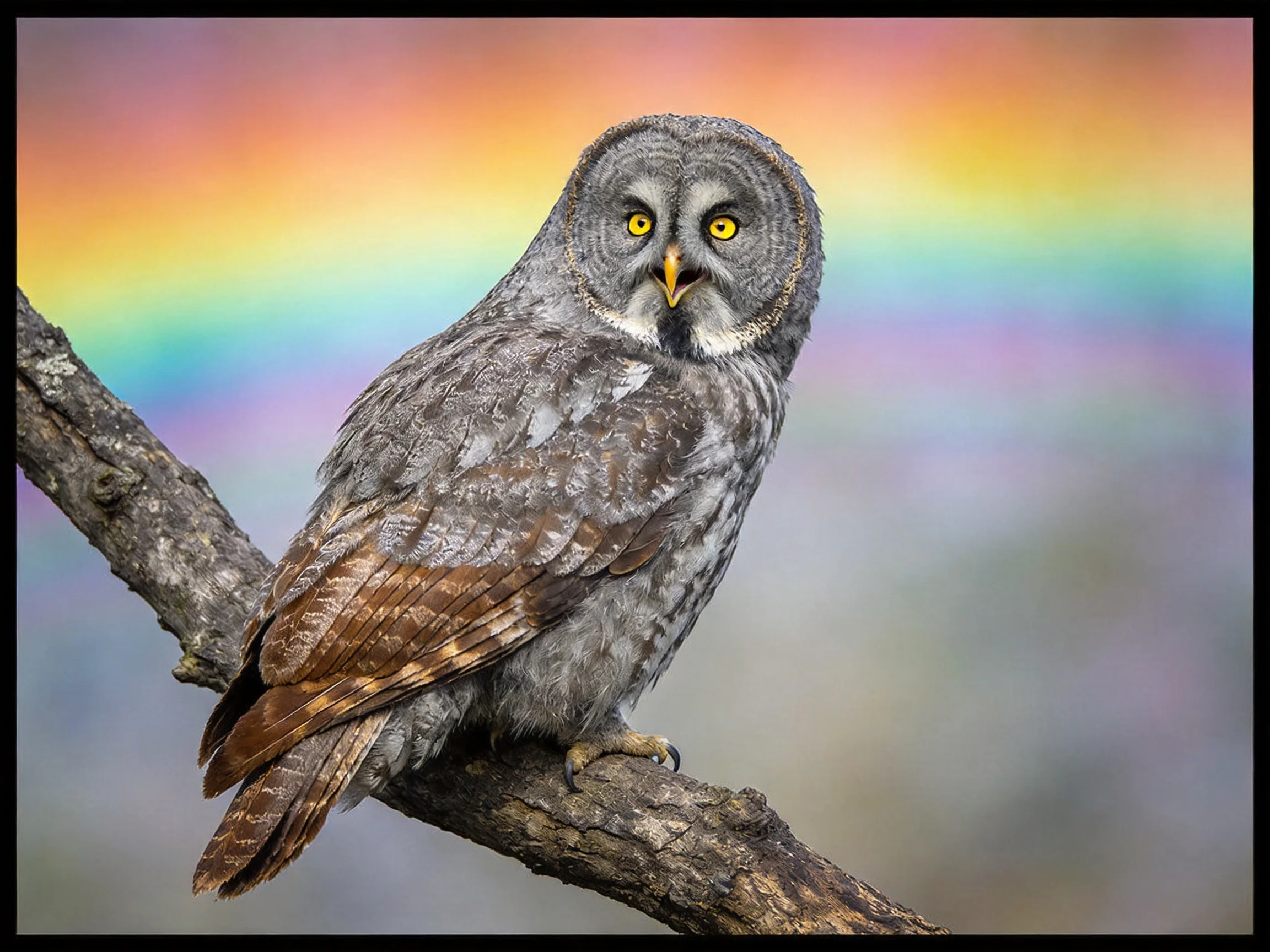 Great gray owl on a gnarled branch with vibrant rainbow backdrop