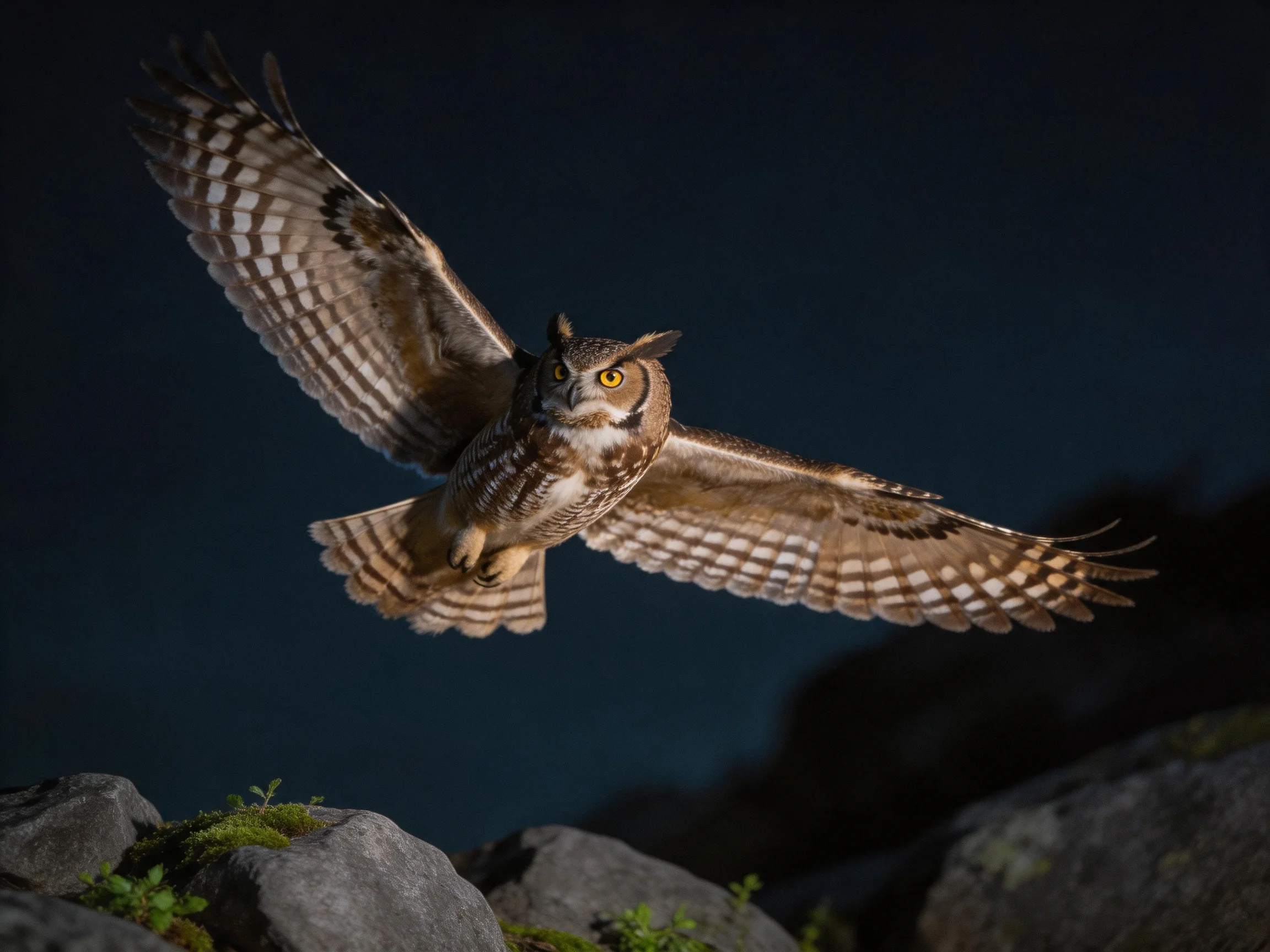Great horned owl soaring over mossy rocks at night