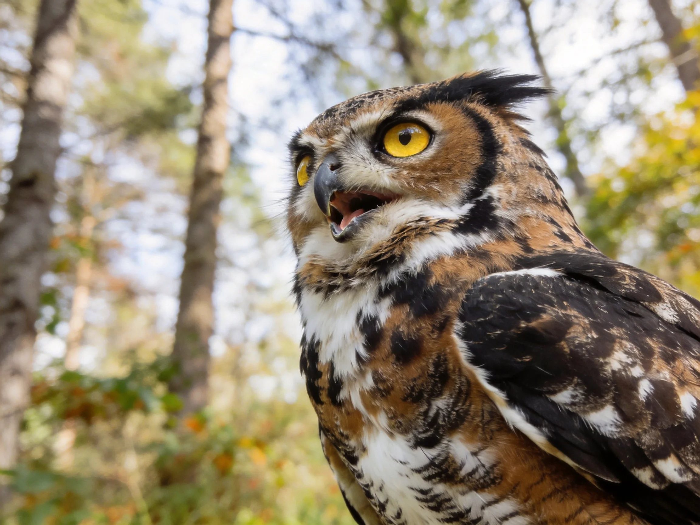 Great horned owl with bright yellow eyes in a forested area