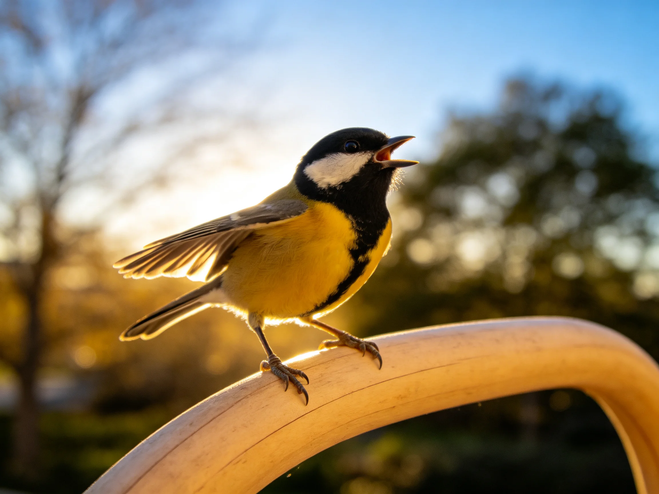 Great tit perched on curved wooden structure under golden sunlight