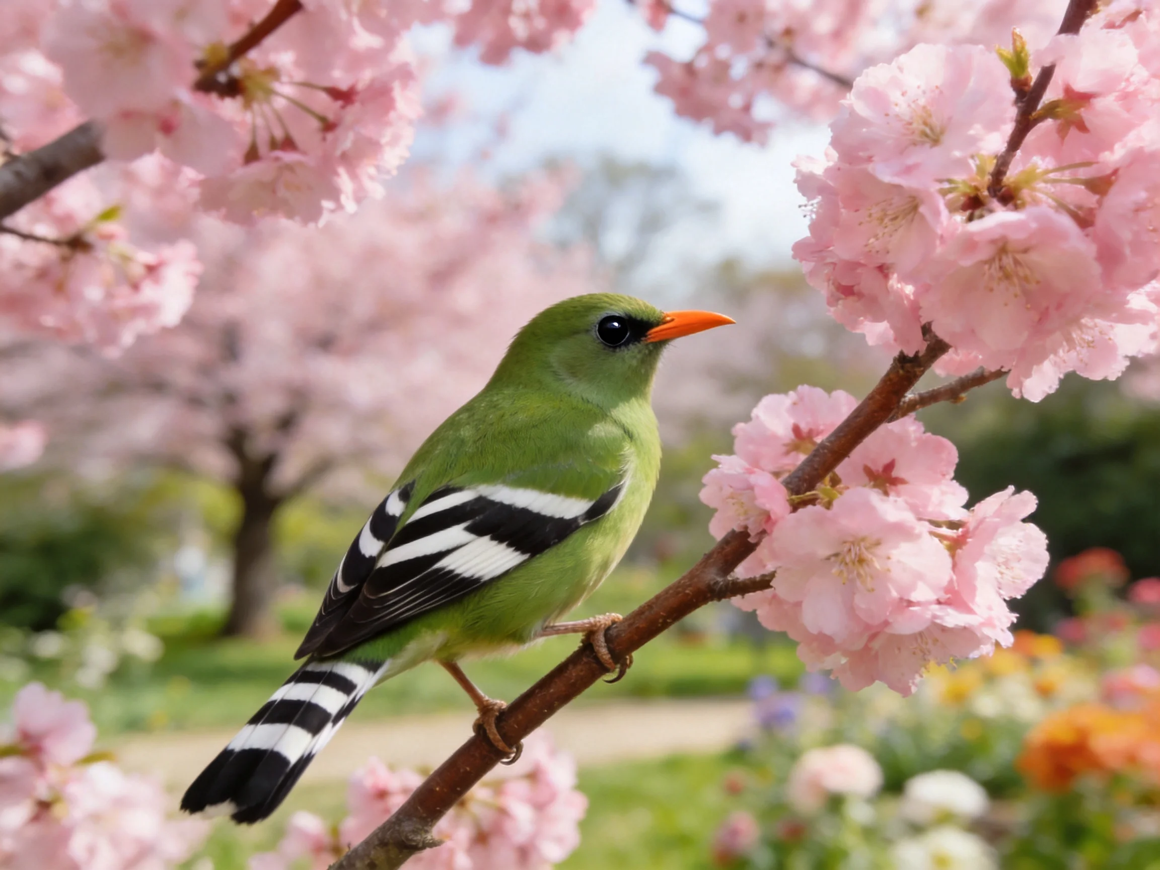 Green bird with black and white markings perched on cherry blossom branch