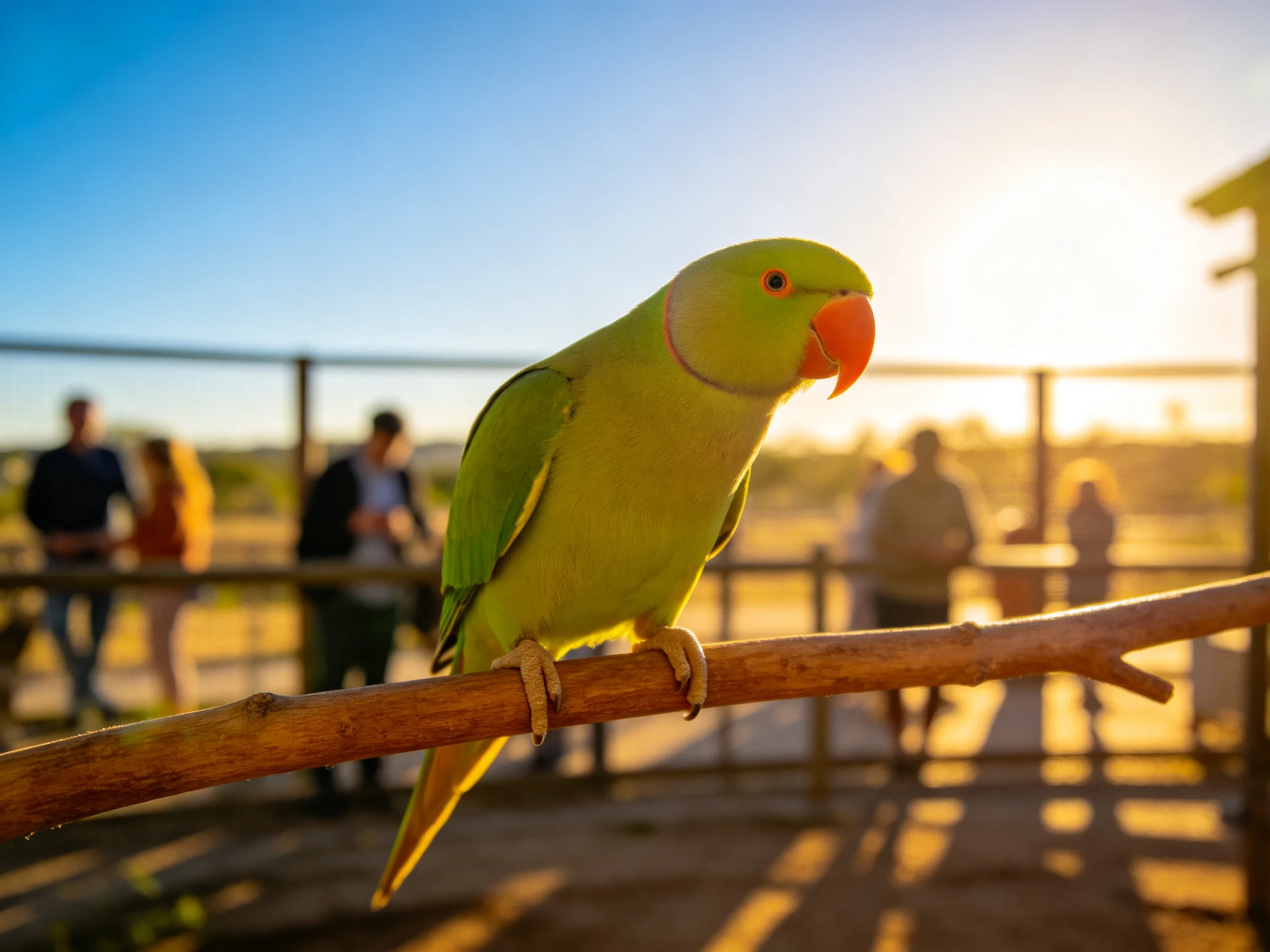 Green parrot with orange beak perched on wooden branch near visitors