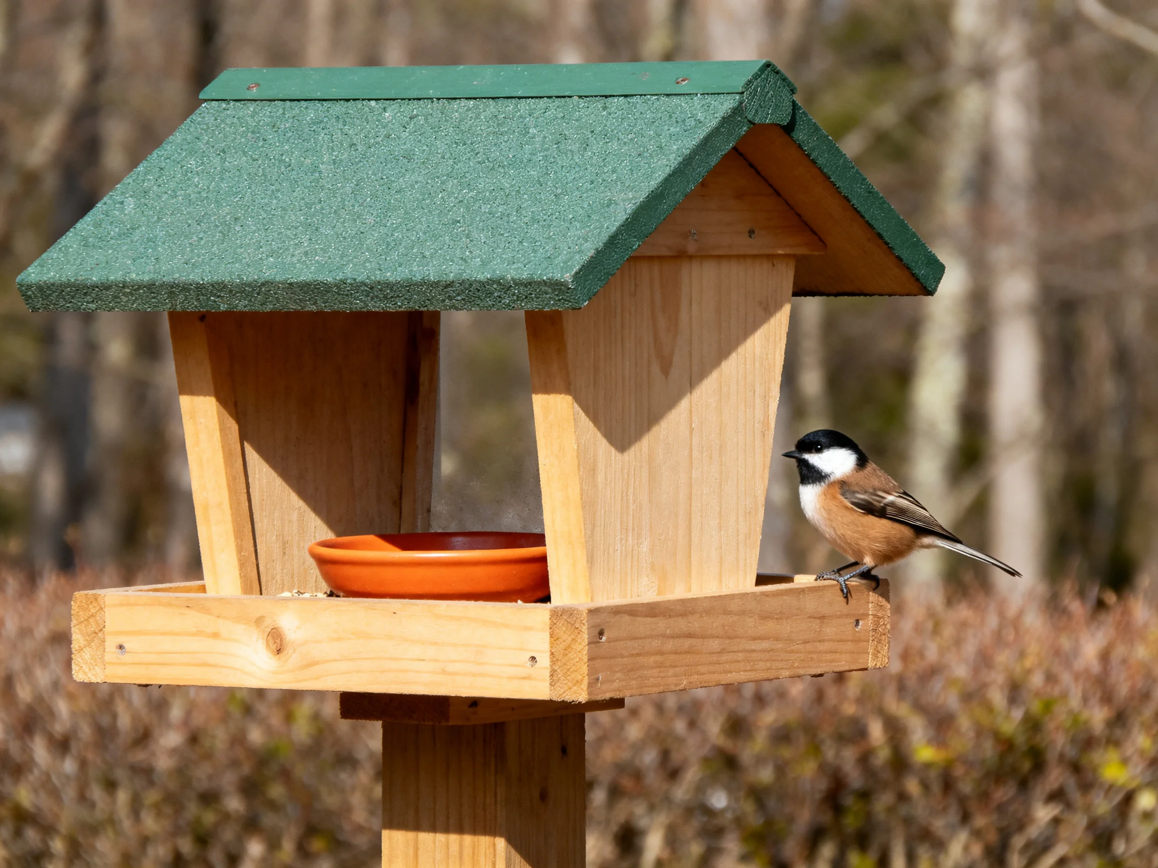 Green-roofed wooden bird feeder with orange dish, small brown bird perched