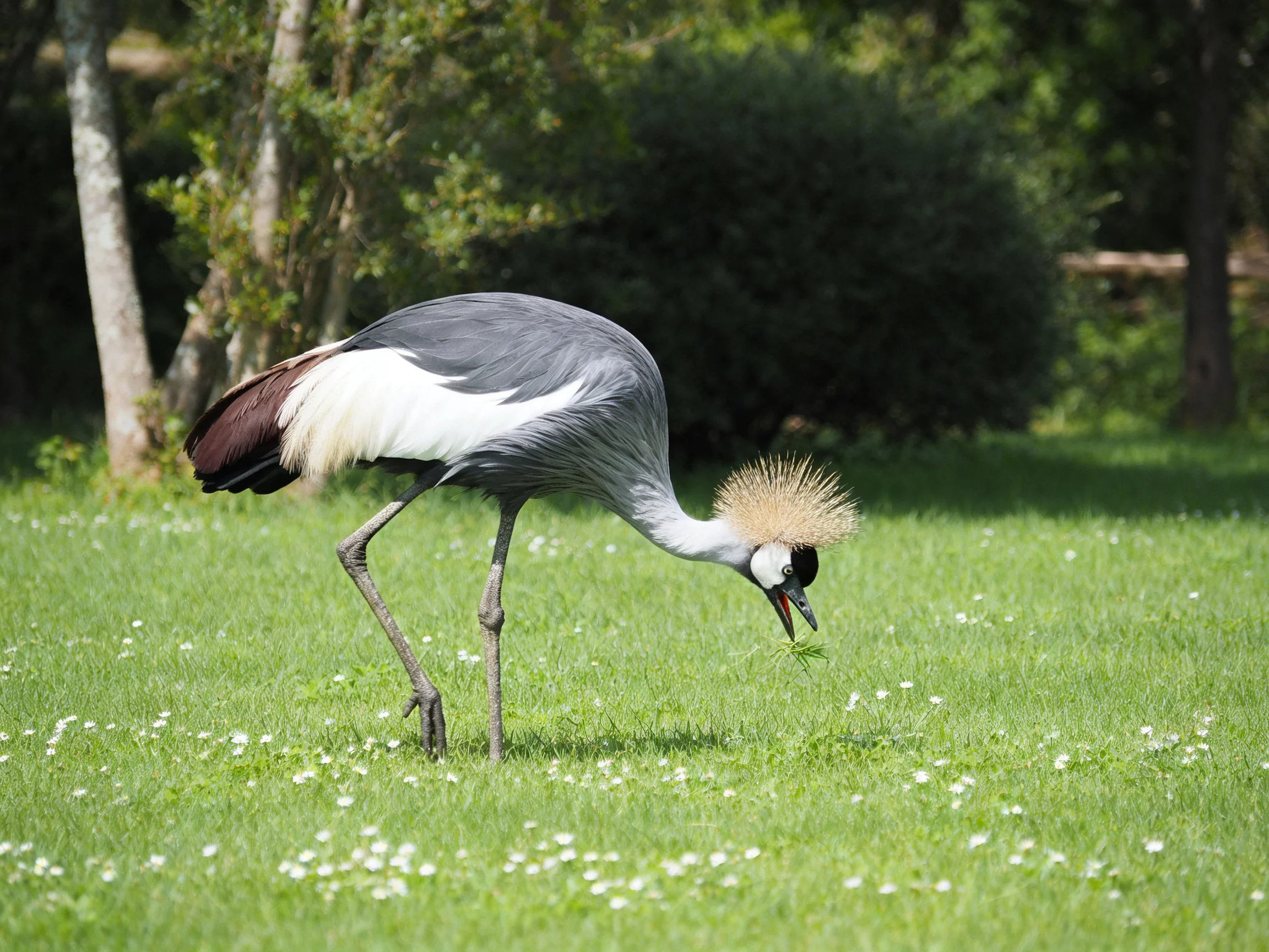 Grey crowned crane foraging in a lush green meadow