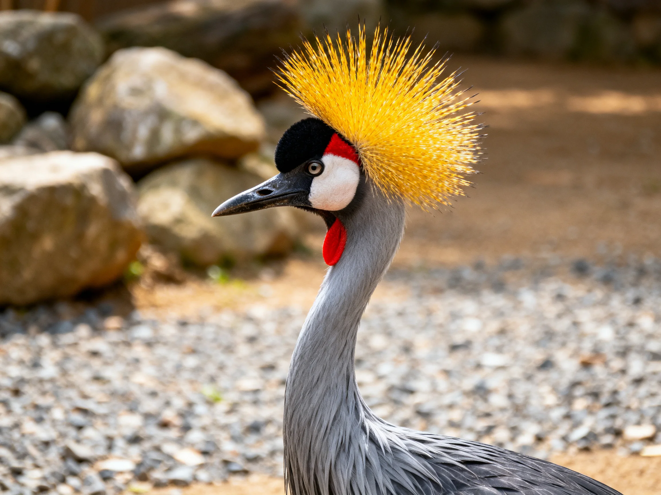 Grey crowned crane with vibrant golden crest