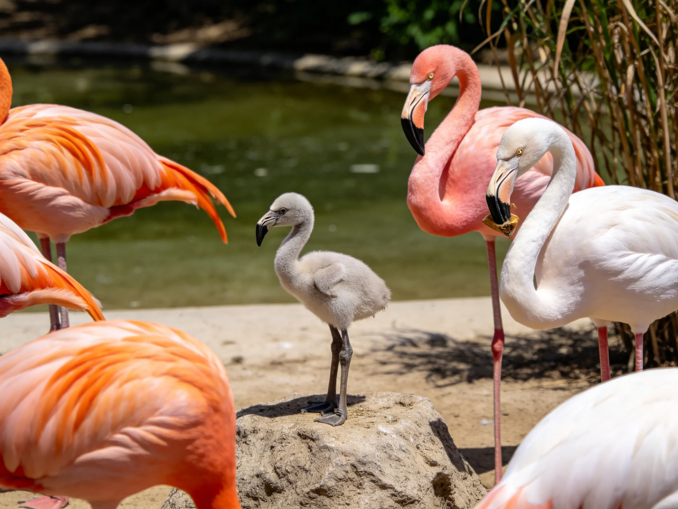 Group of flamingos with adults and a gray chick by water