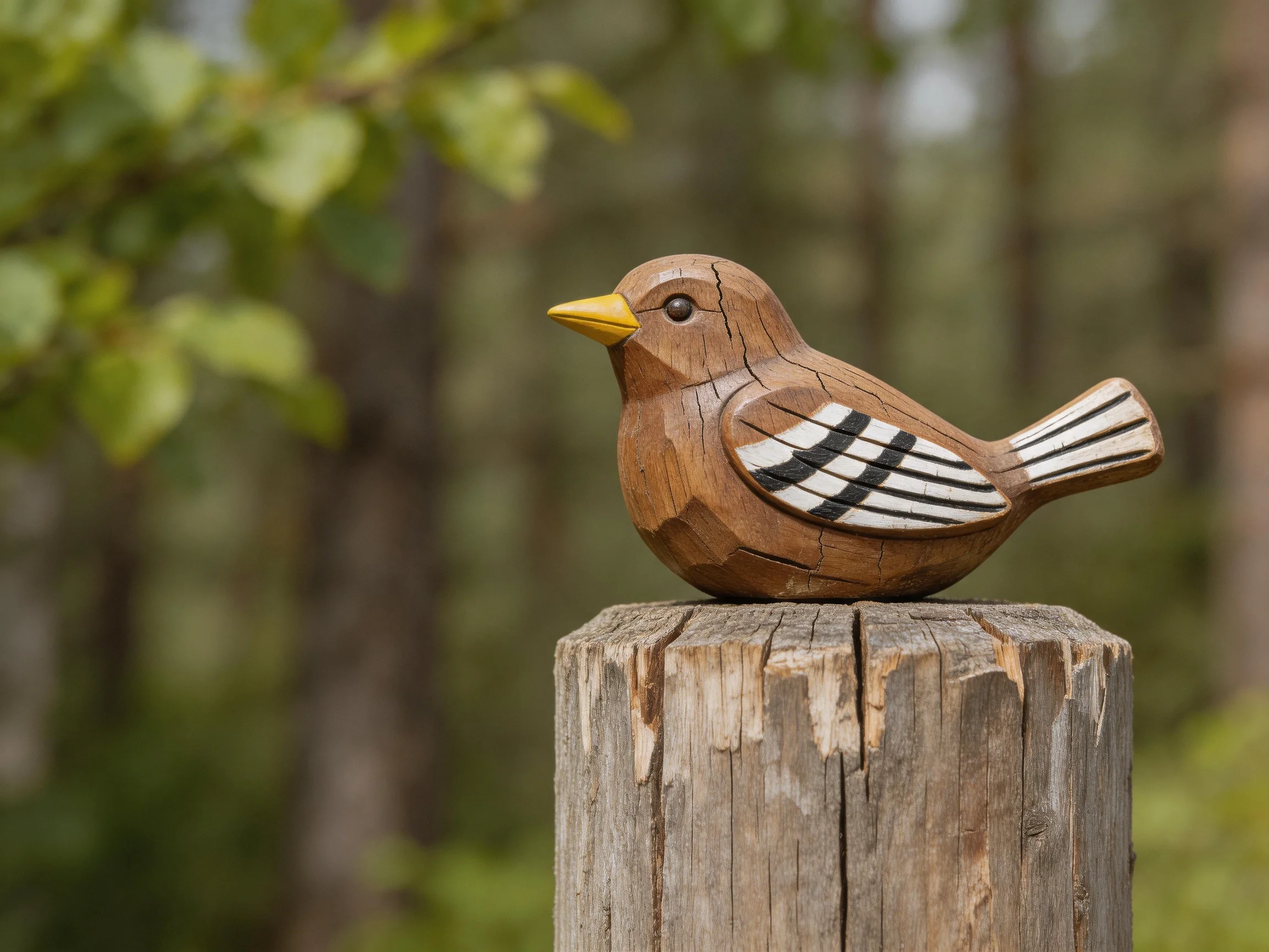 Handcrafted wooden bird figurine sitting atop a weathered tree stump