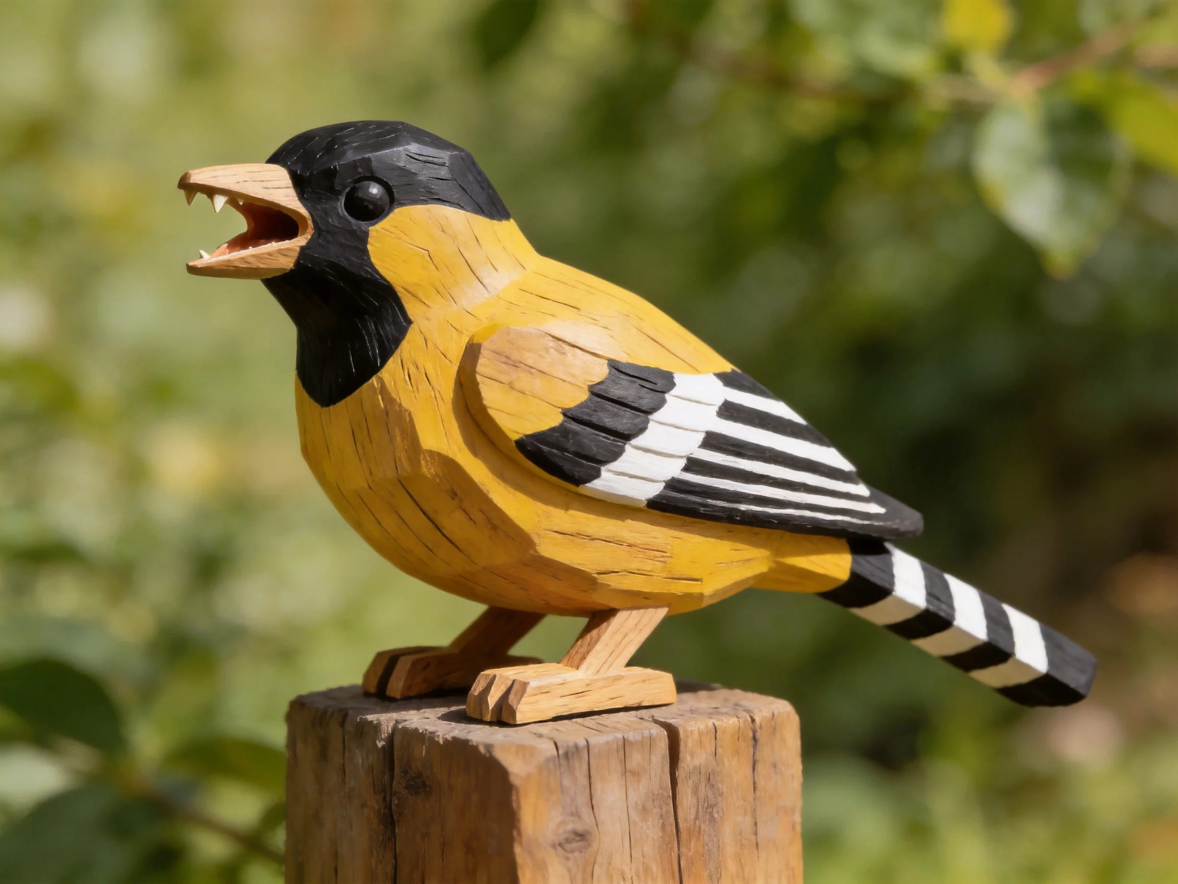 Handcrafted wooden bird figurine with black, yellow, and striped details