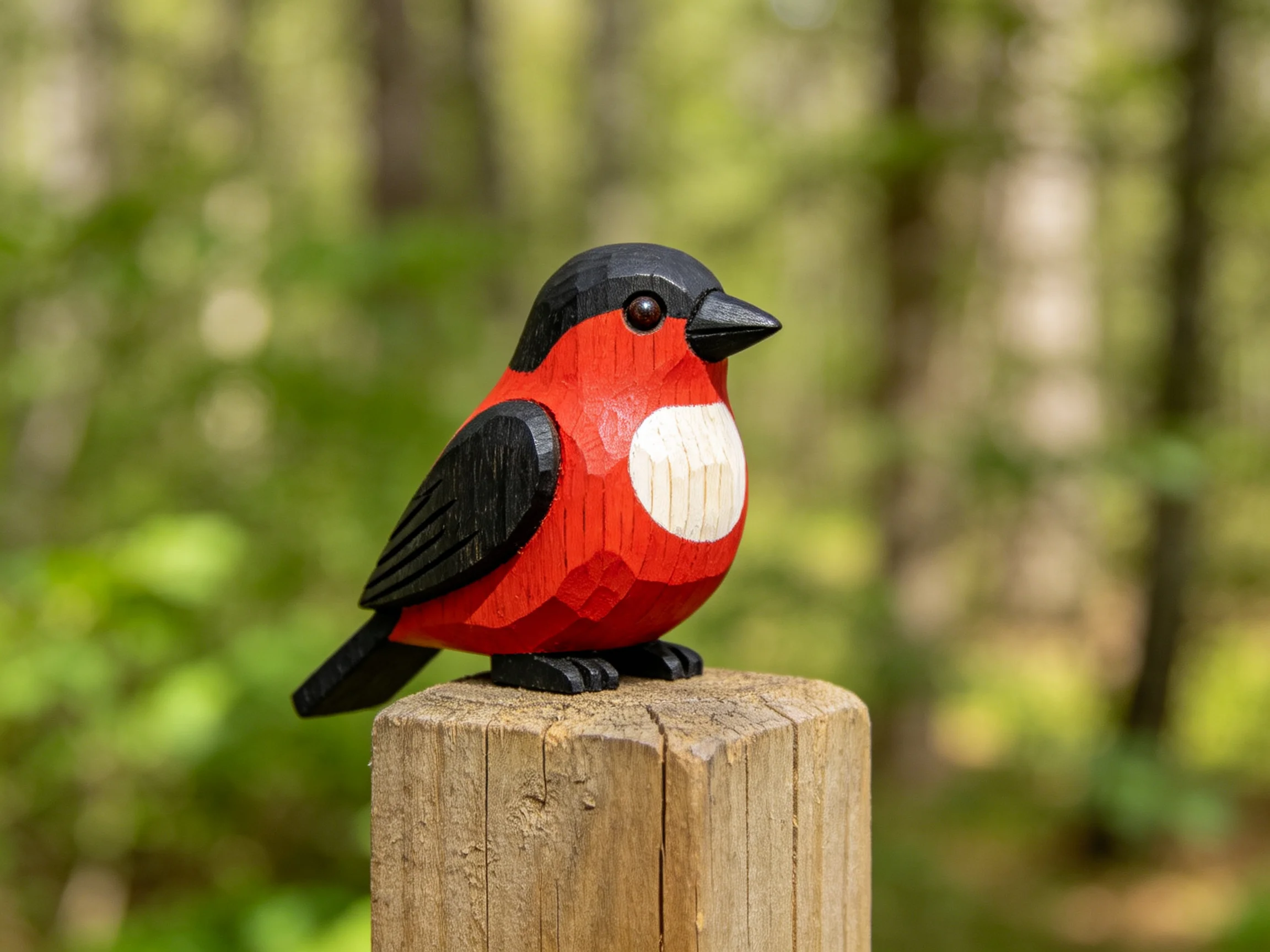 Handcrafted wooden bird figurine with red, black, and white colors on a wooden post