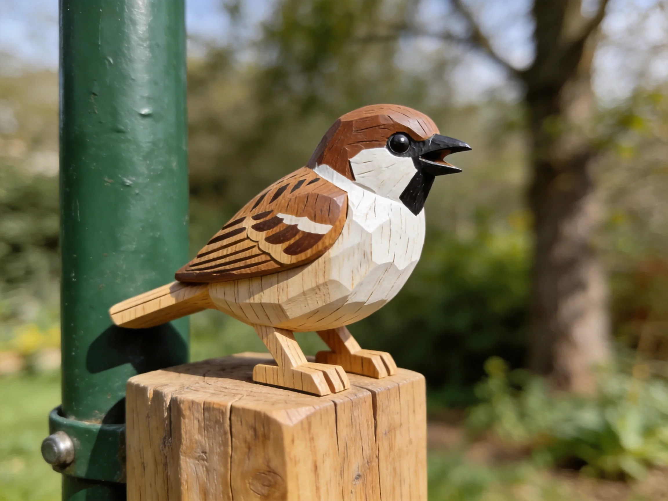 Handcrafted wooden sparrow sculpture on natural post