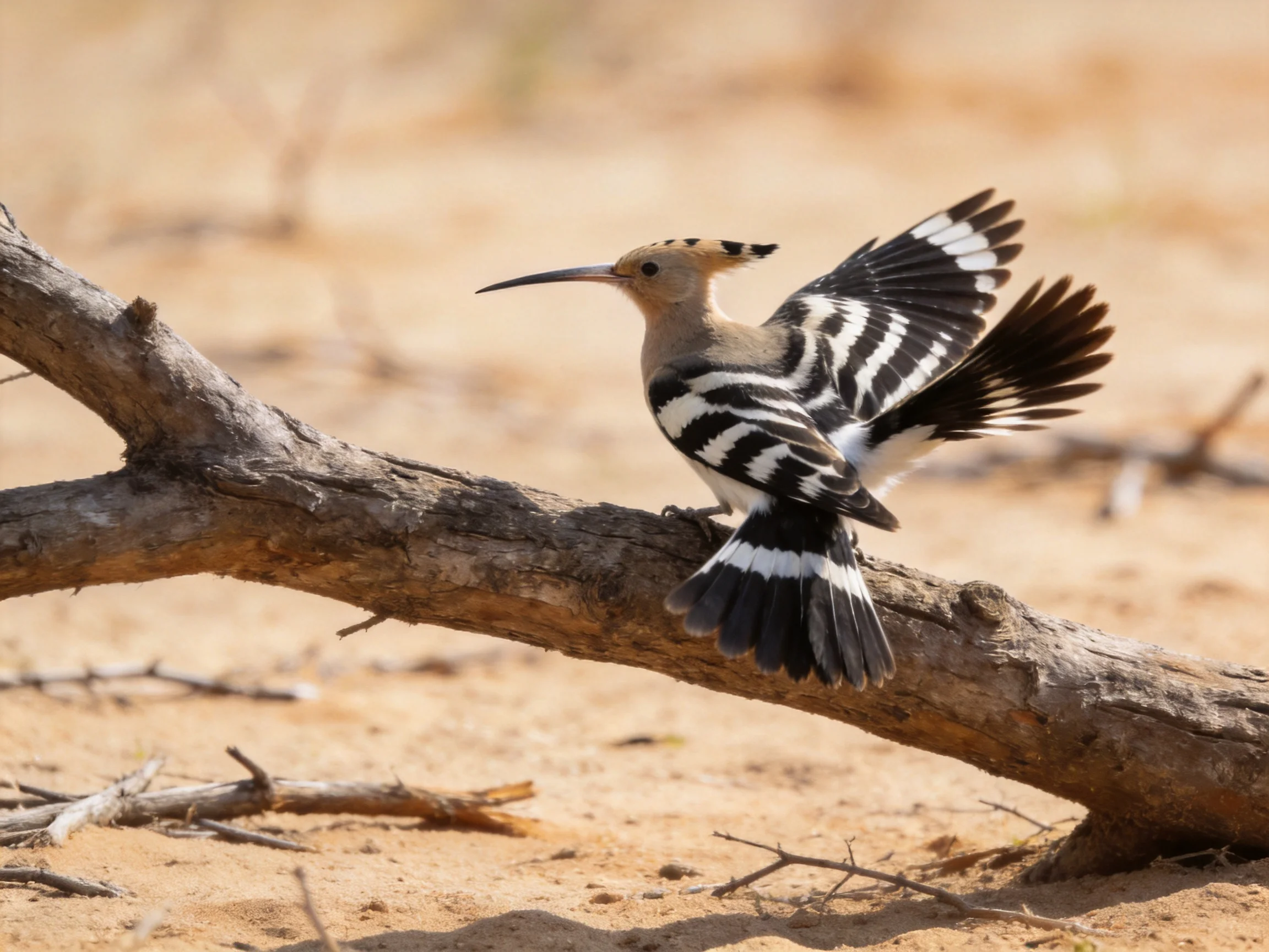 Hoopoe bird with black-and-white wings on a weathered branch
