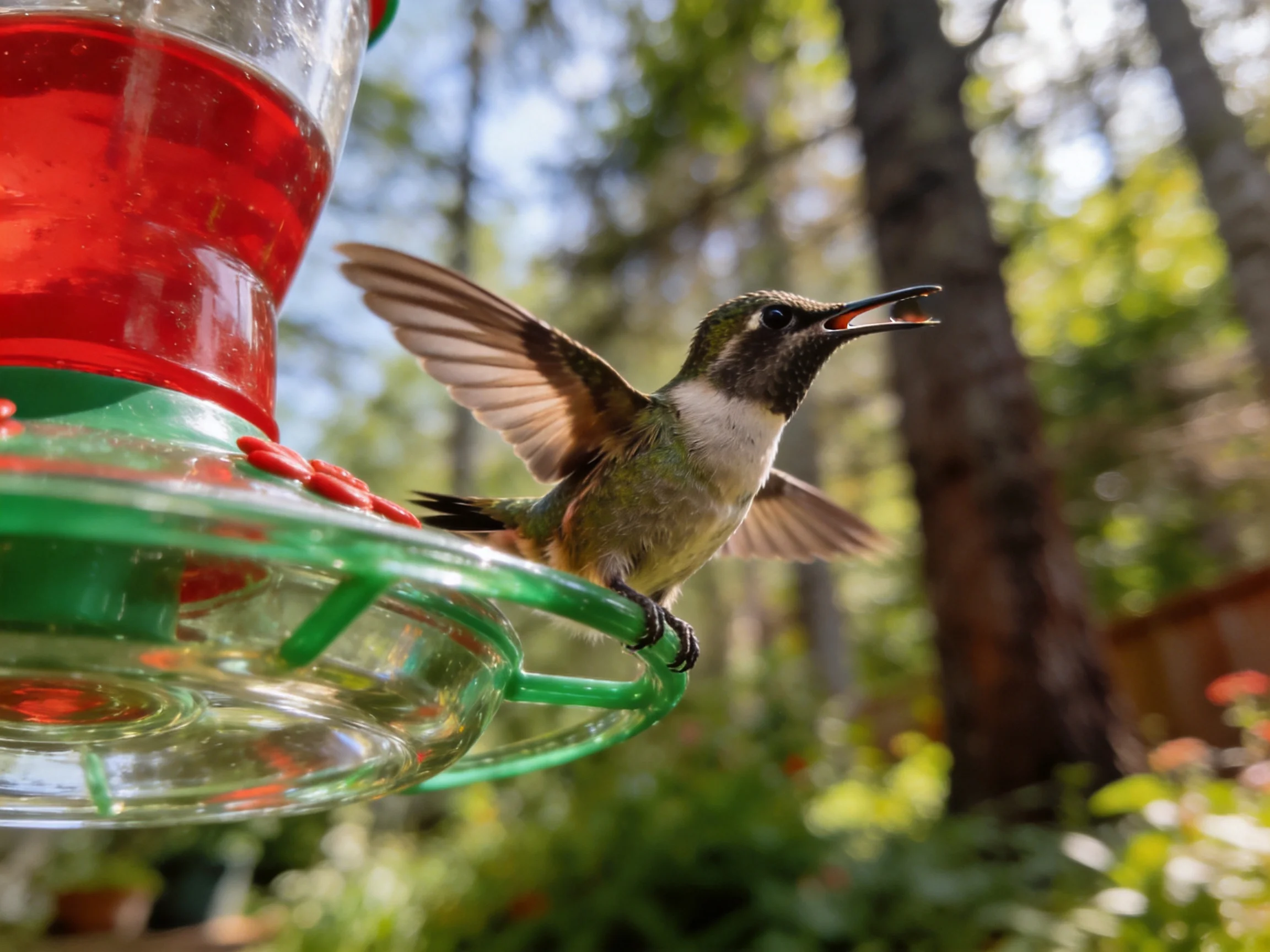 Hummingbird feeding from colorful feeder in sunlit woods