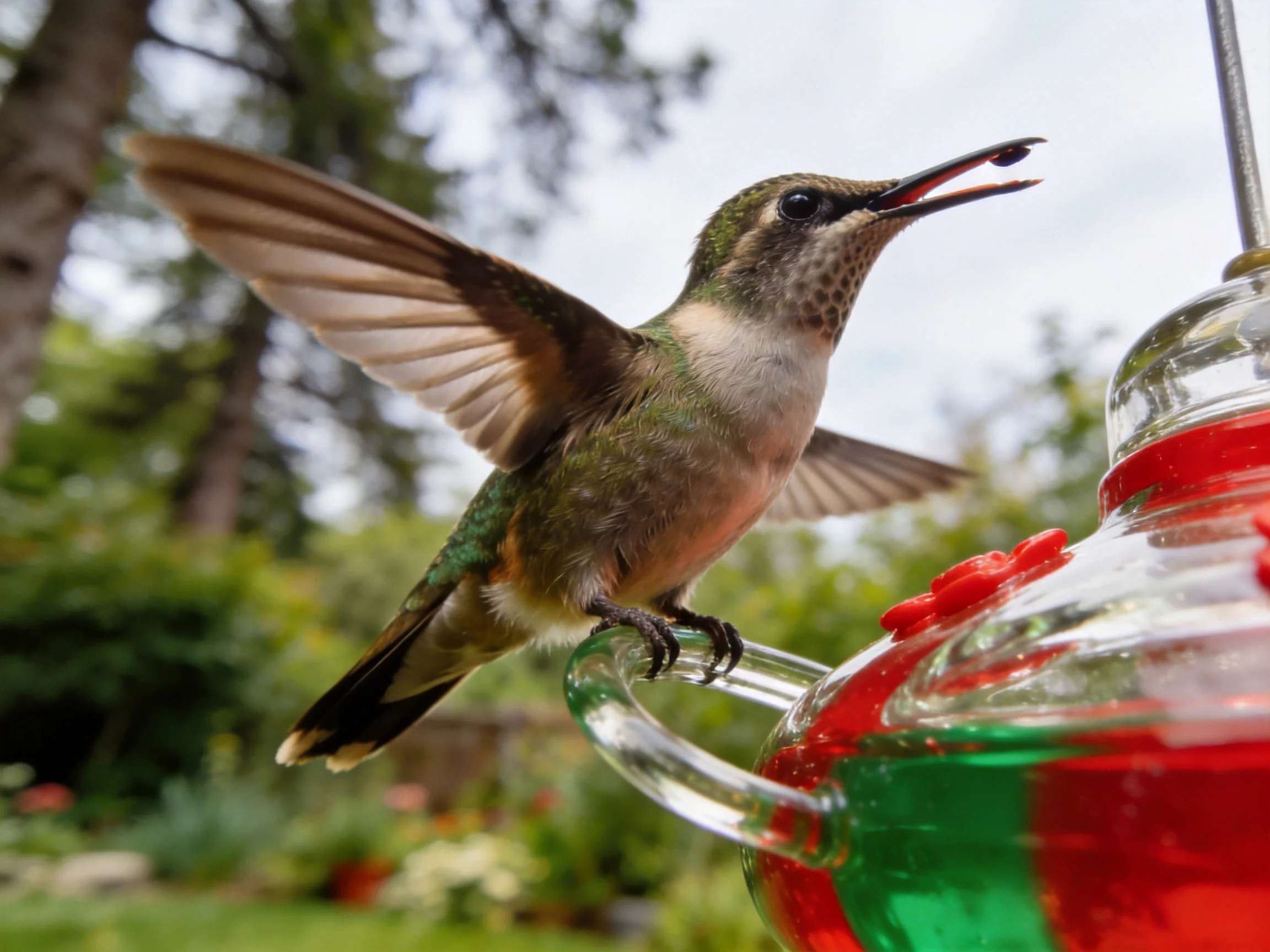 Hummingbird feeding on a colorful glass feeder outdoors