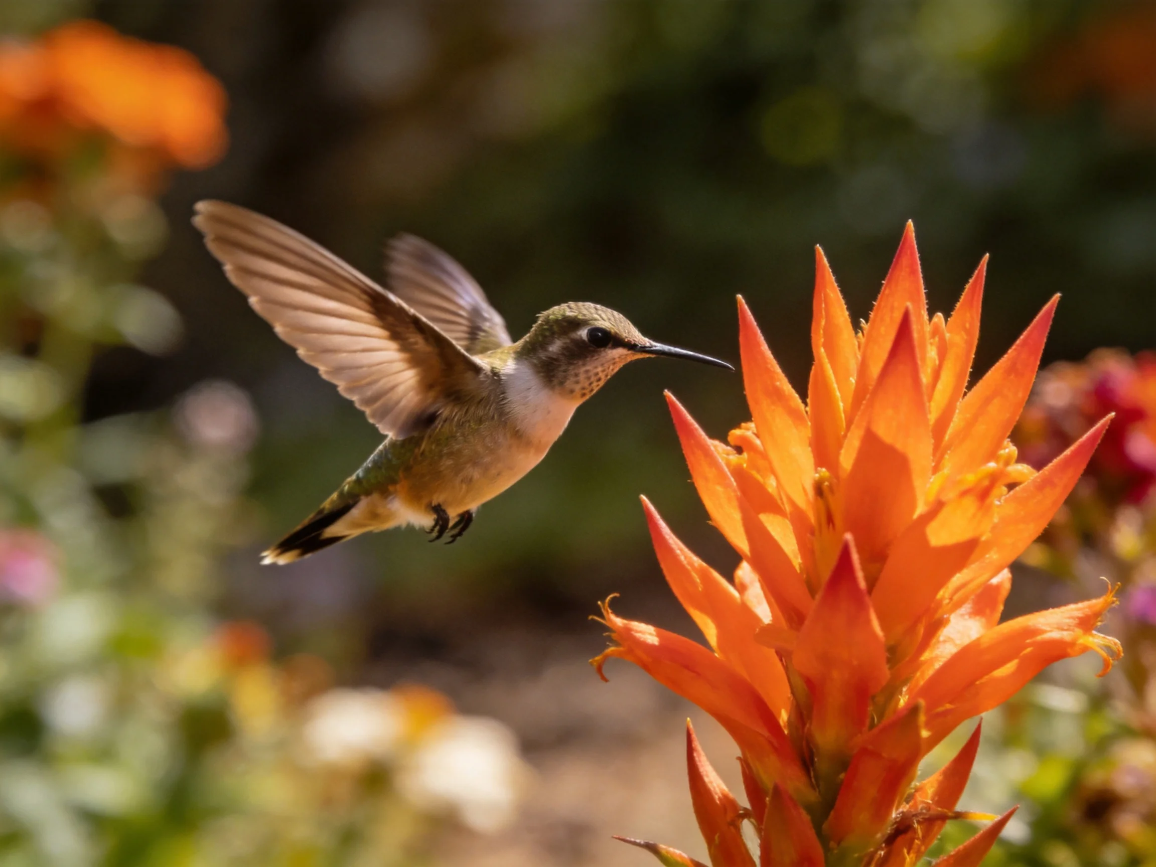 Hummingbird hovers beside vibrant orange flower in sunlit garden