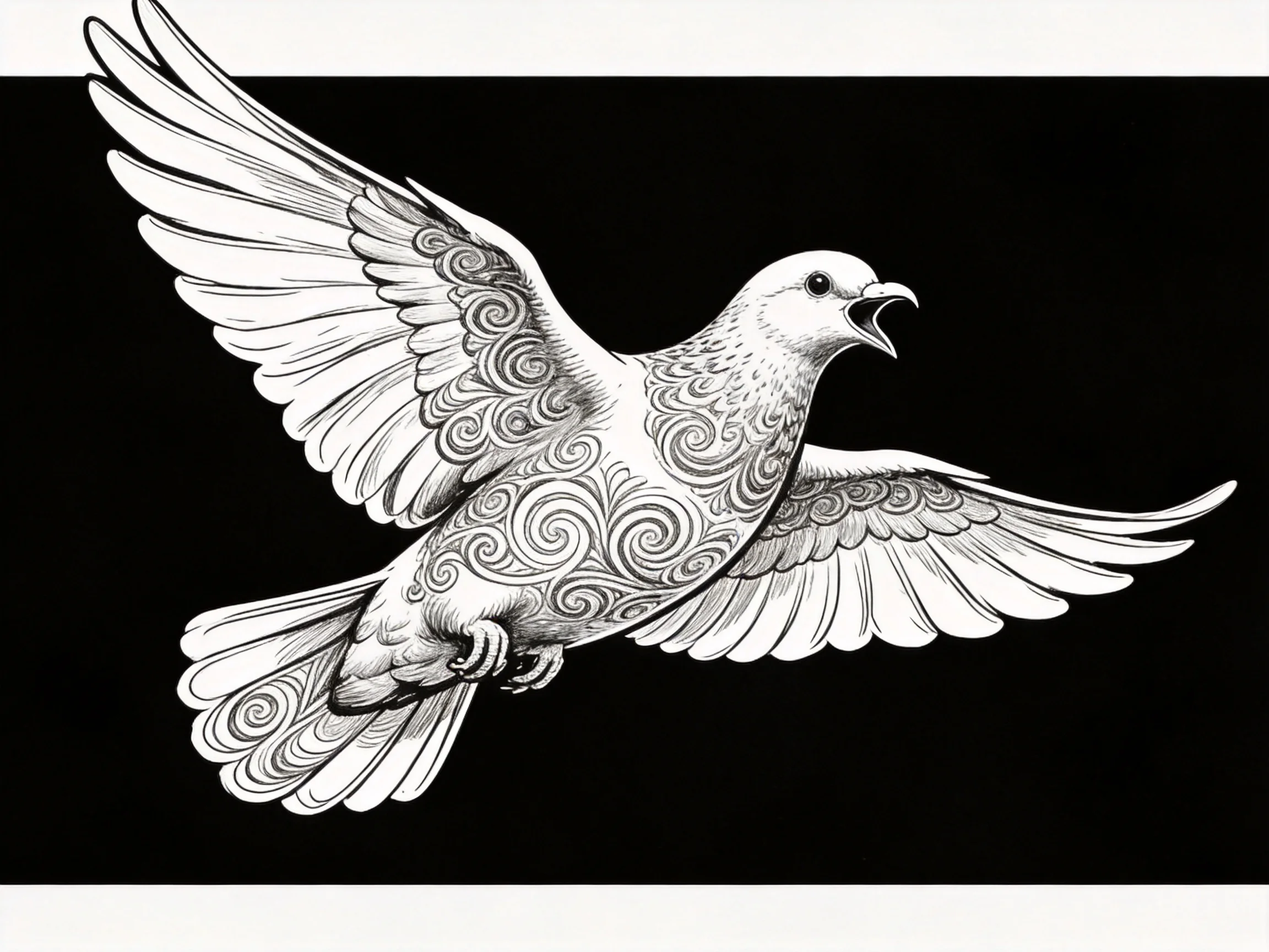 Intricate Swirled Patterns on a Flying Bird Illustration