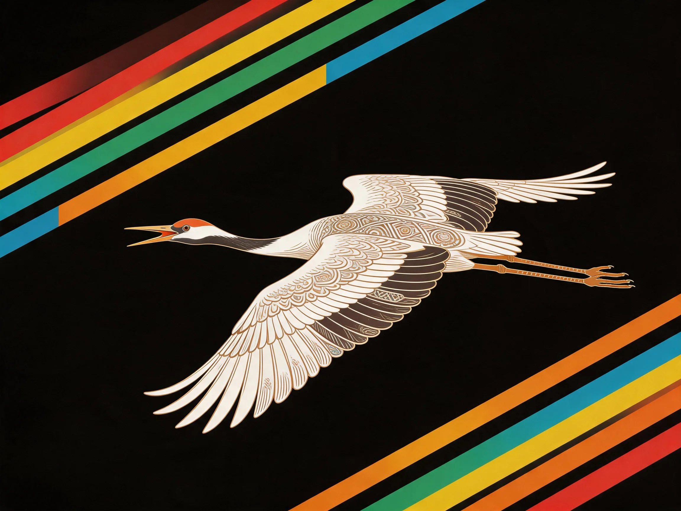 Intricately patterned crane with colorful diagonal stripes