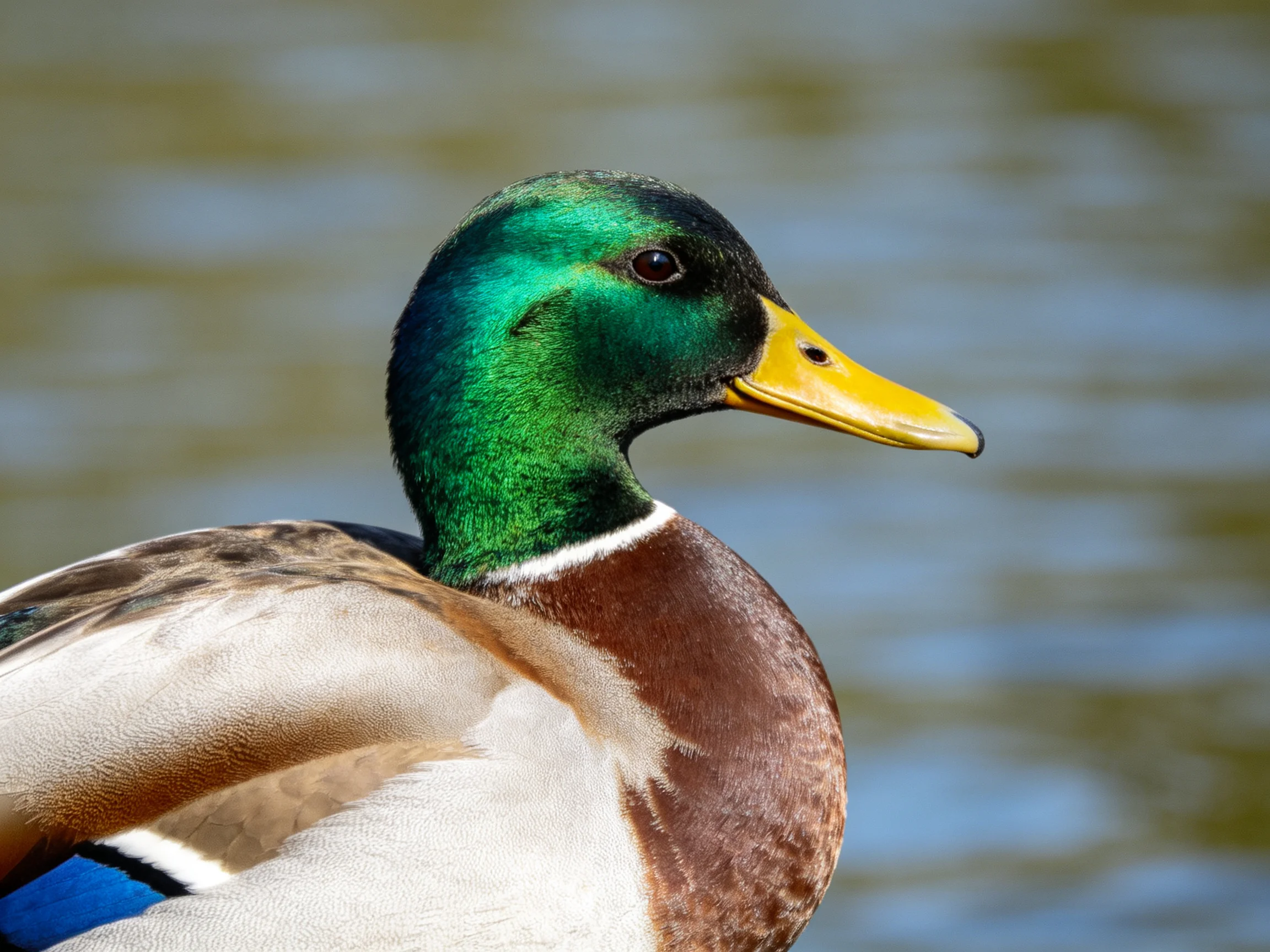 Iridescent green-headed mallard with yellow bill and brown chest by water