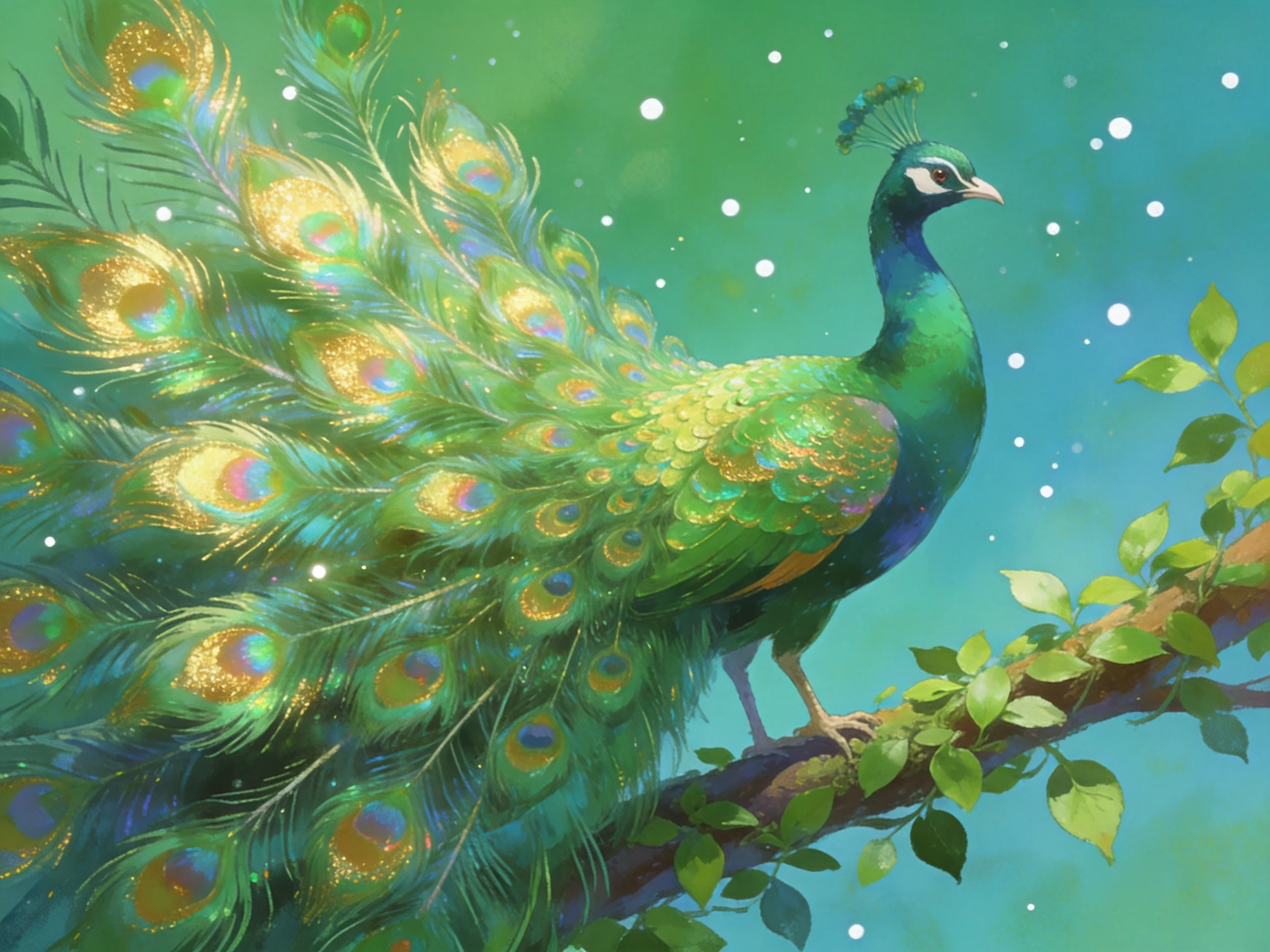 Iridescent green peacock with golden tail perched on a leafy branch