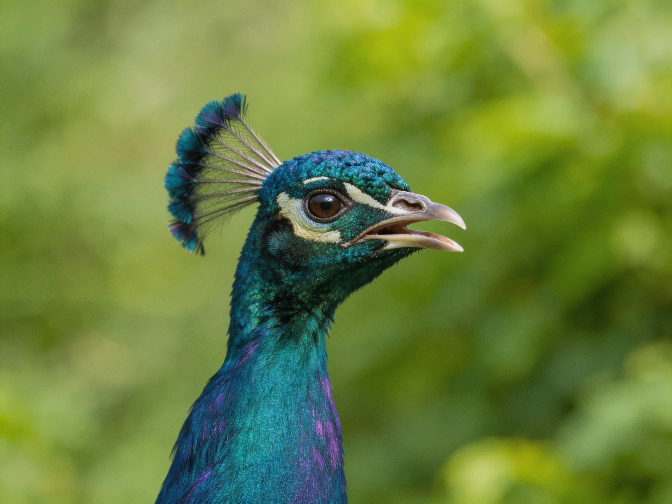 Iridescent teal and purple peacock with fan crest