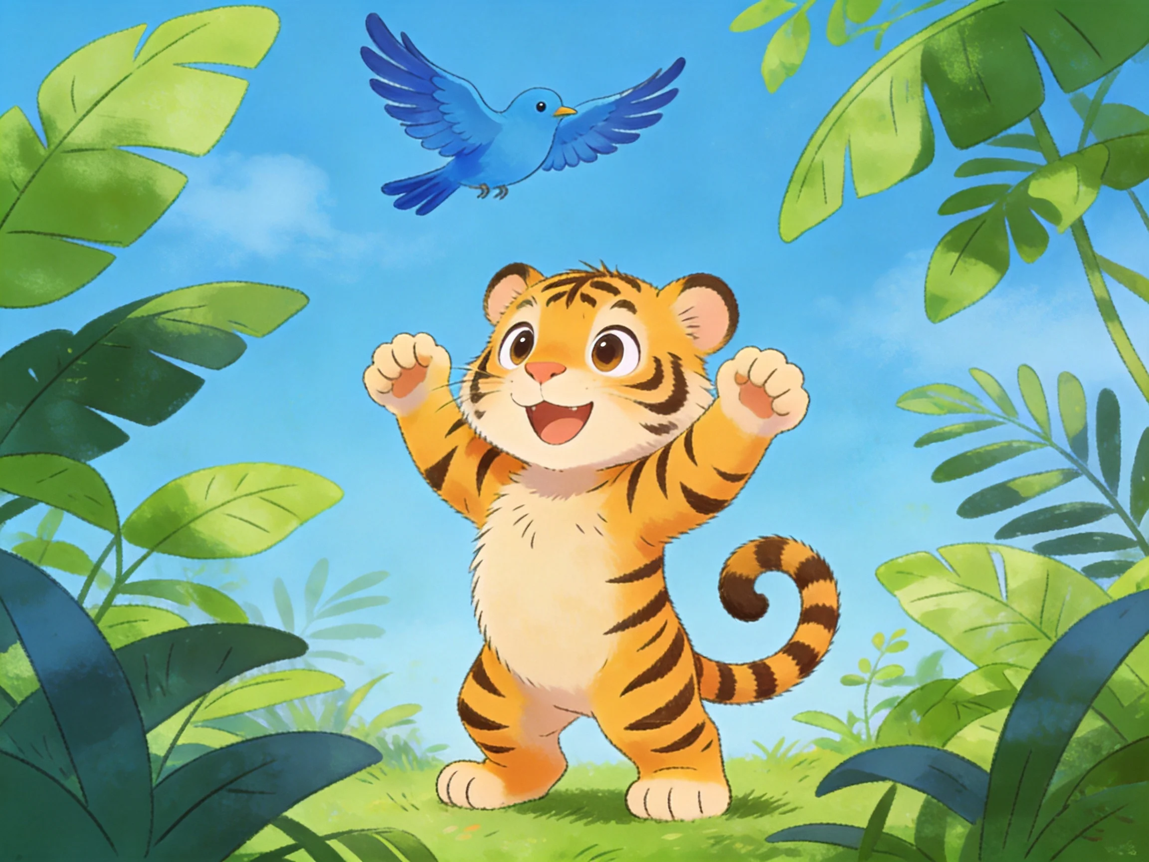 Joyful tiger cub and blue bird in sunny jungle