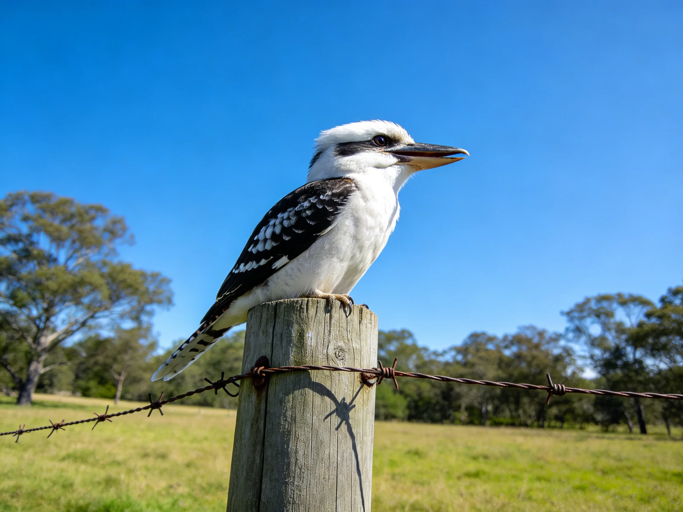 Kookaburra perched on wooden fence post under clear blue sky