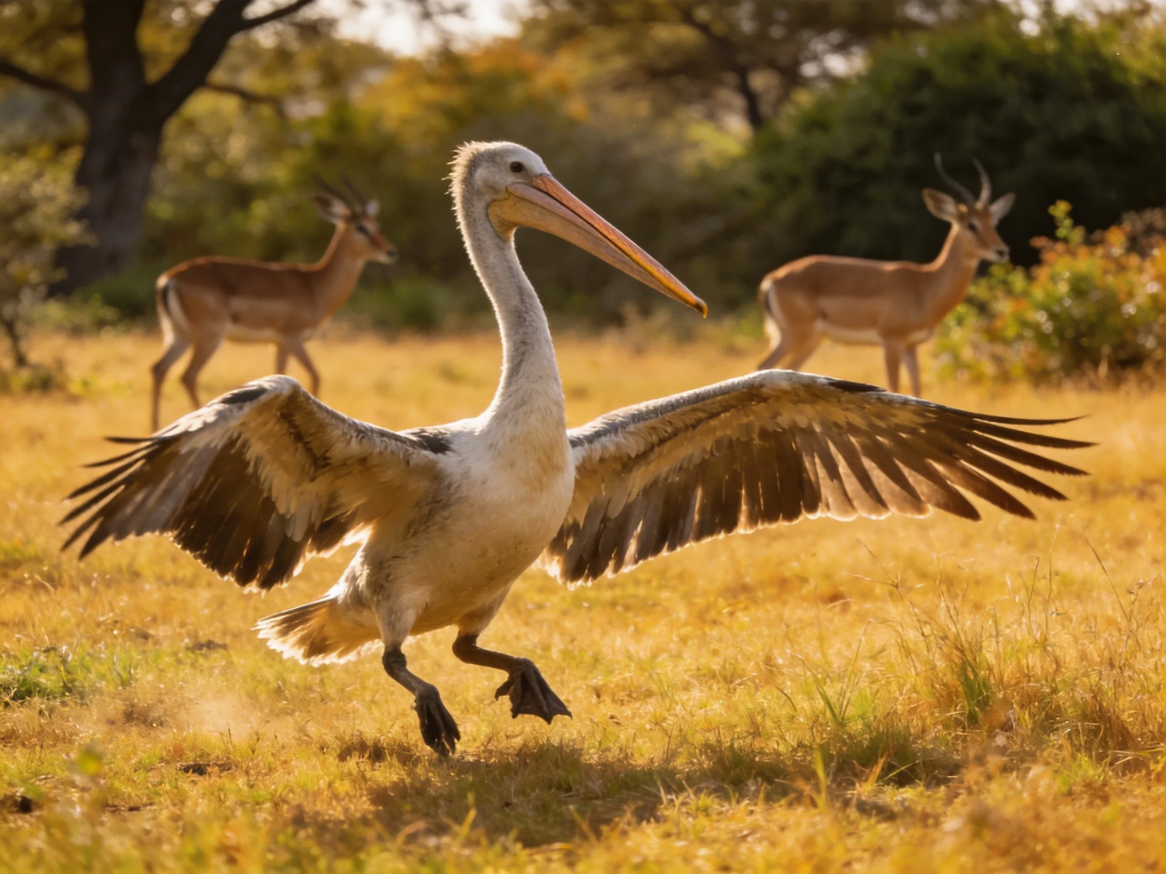 Large pelican landing near antelopes in golden savannah