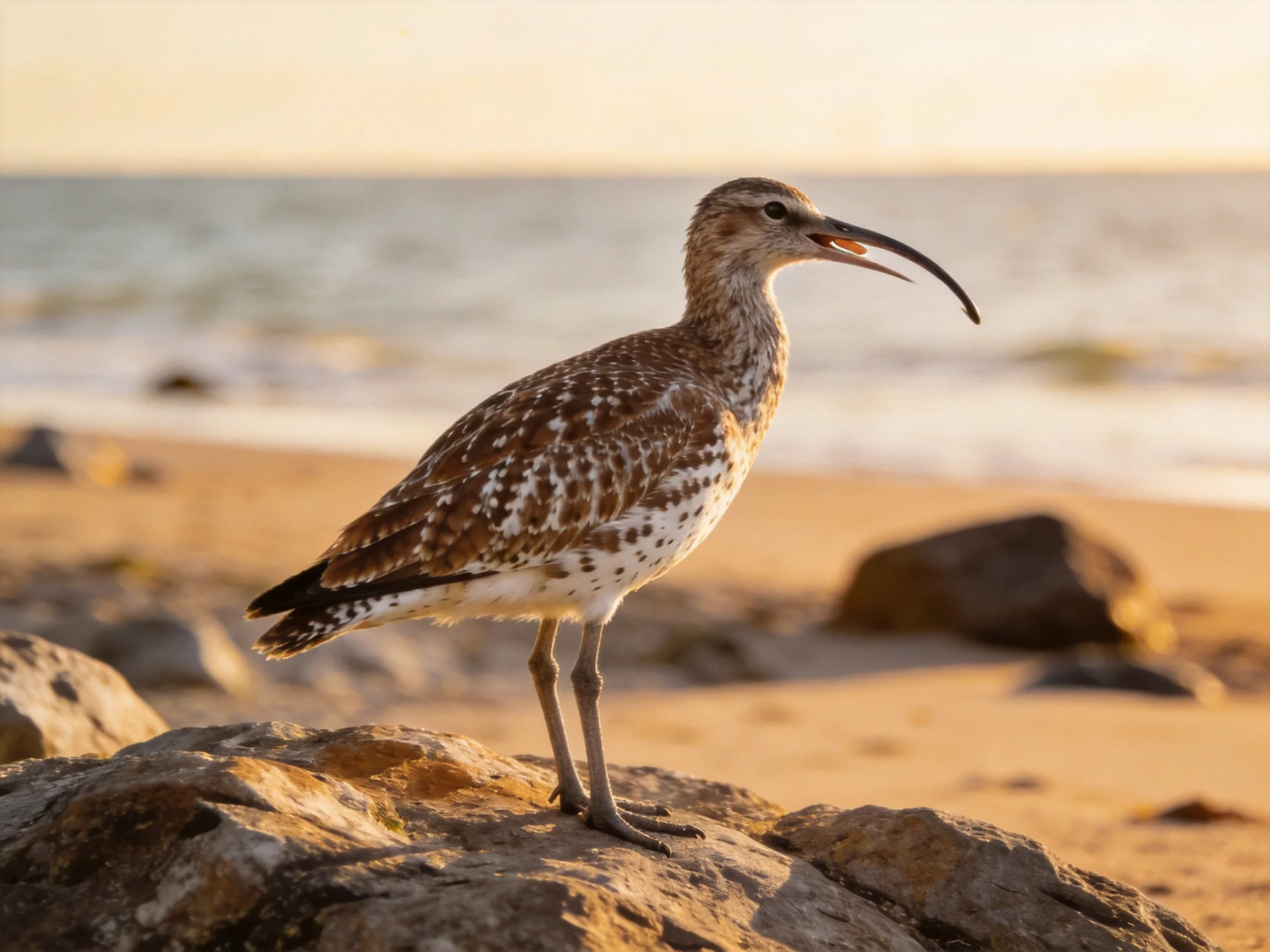 Long-billed shorebird standing on rocky beach