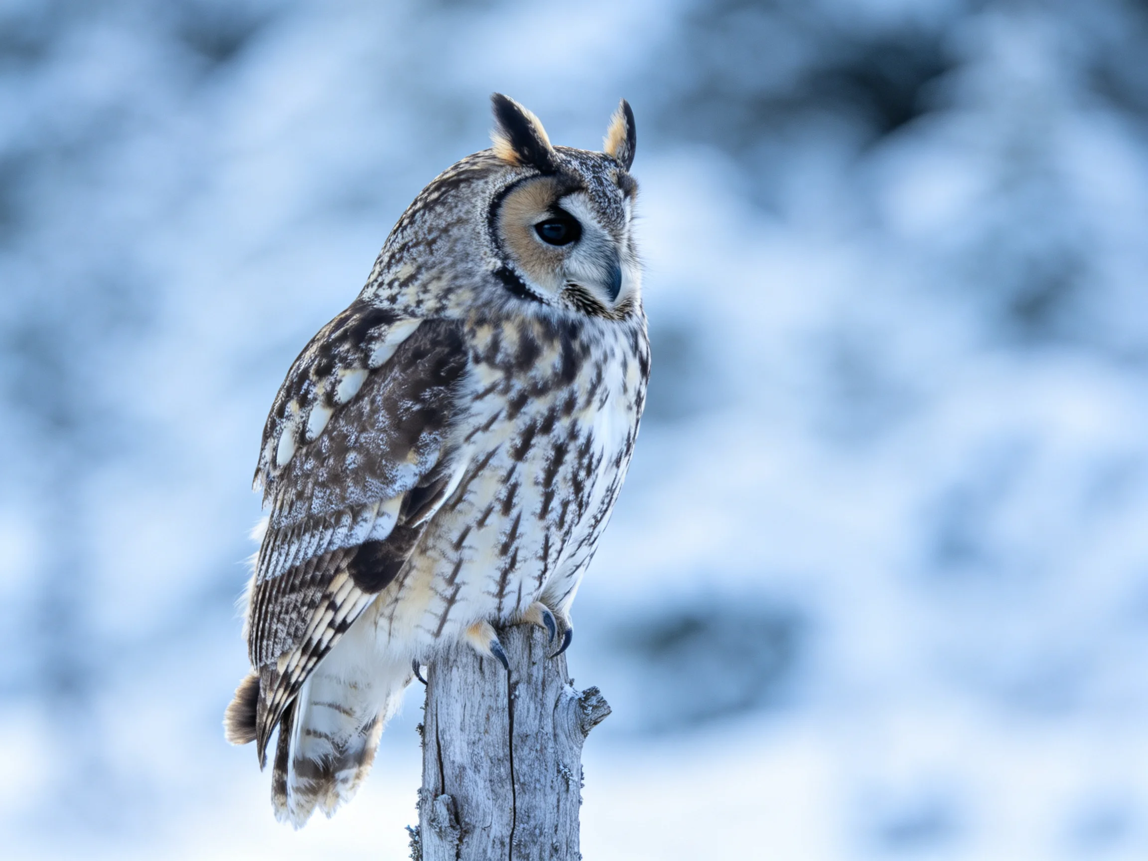 Long-eared owl perched on a weathered wooden post in snowy terrain