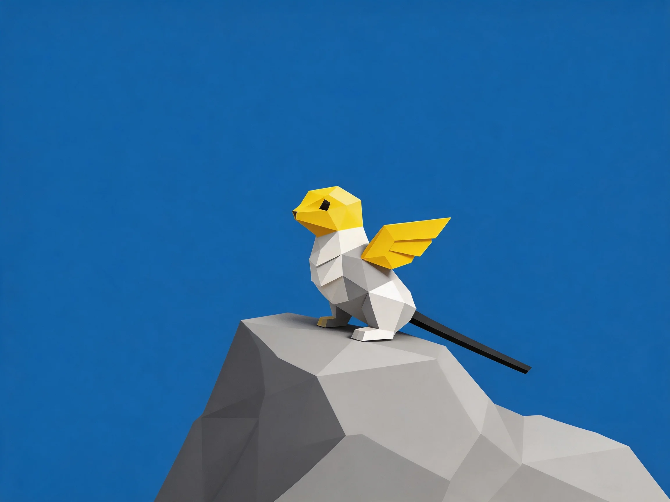 Low-p poly yellow - winged creature perched on gray rocky peak