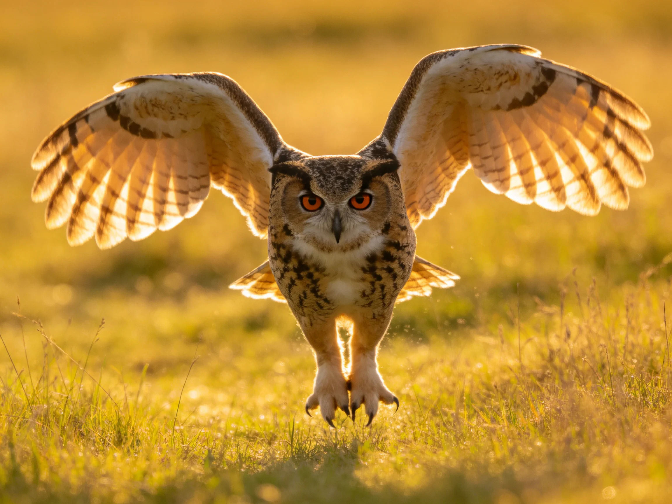 Majestic owl spreads wings over golden grassland