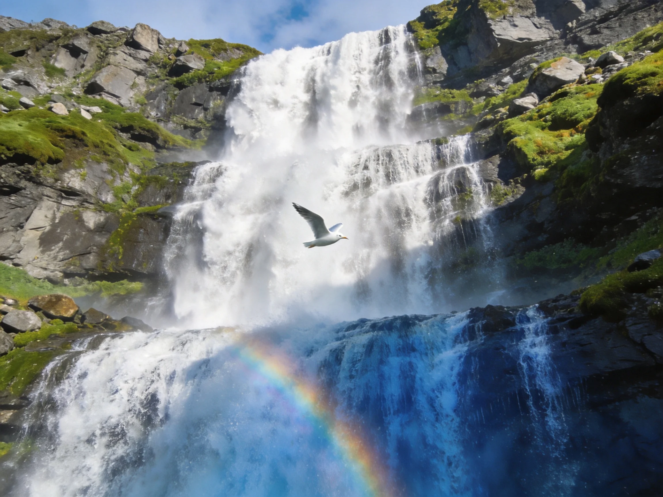 A waterfall with a rainbow and seagull flows over rocky cliffs