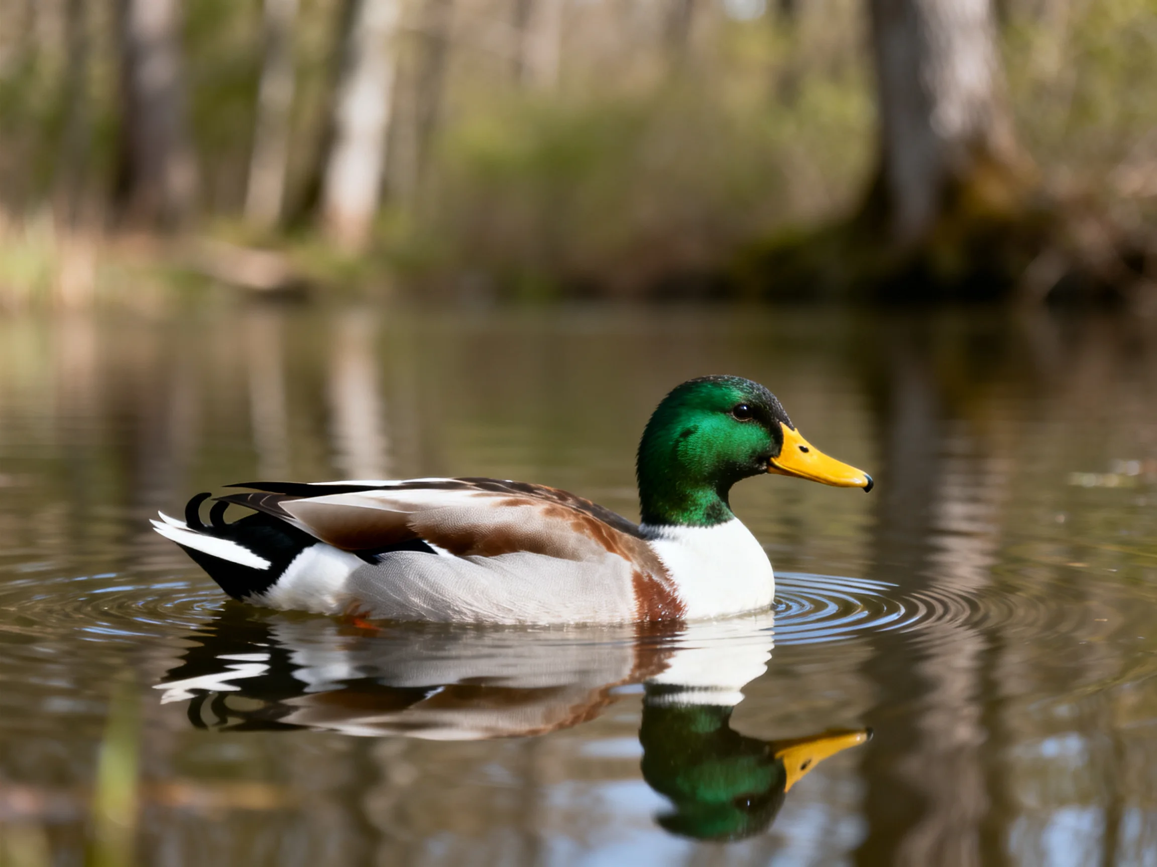 Male mallard duck swims in calm water with forest reflections