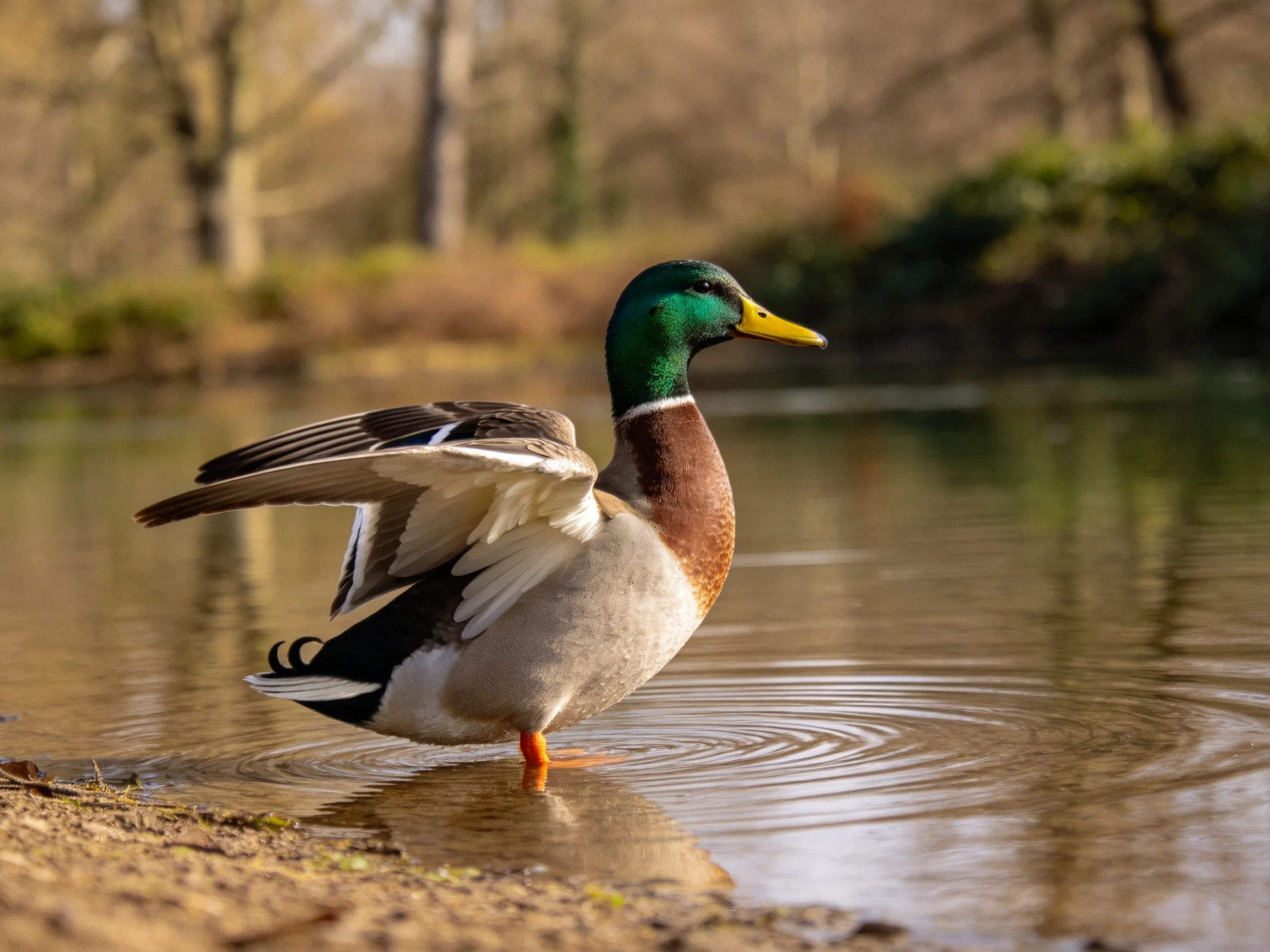 Male mallard duck with green head and yellow beak in shallow water